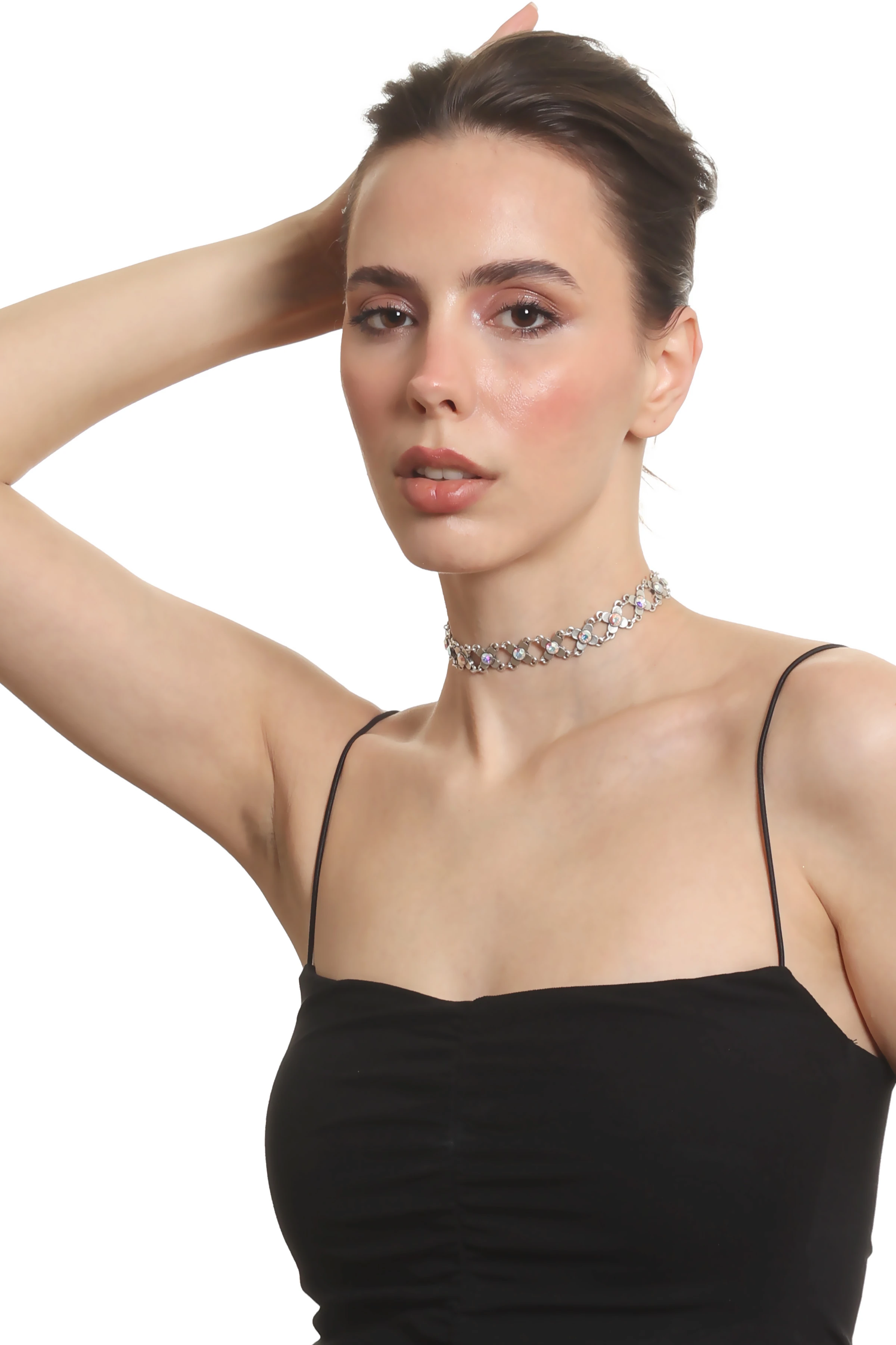 Labalaba Kadın Antik Gümüş Kaplama Gökkuşağı Renk Taşlı Choker Tasma Kolye