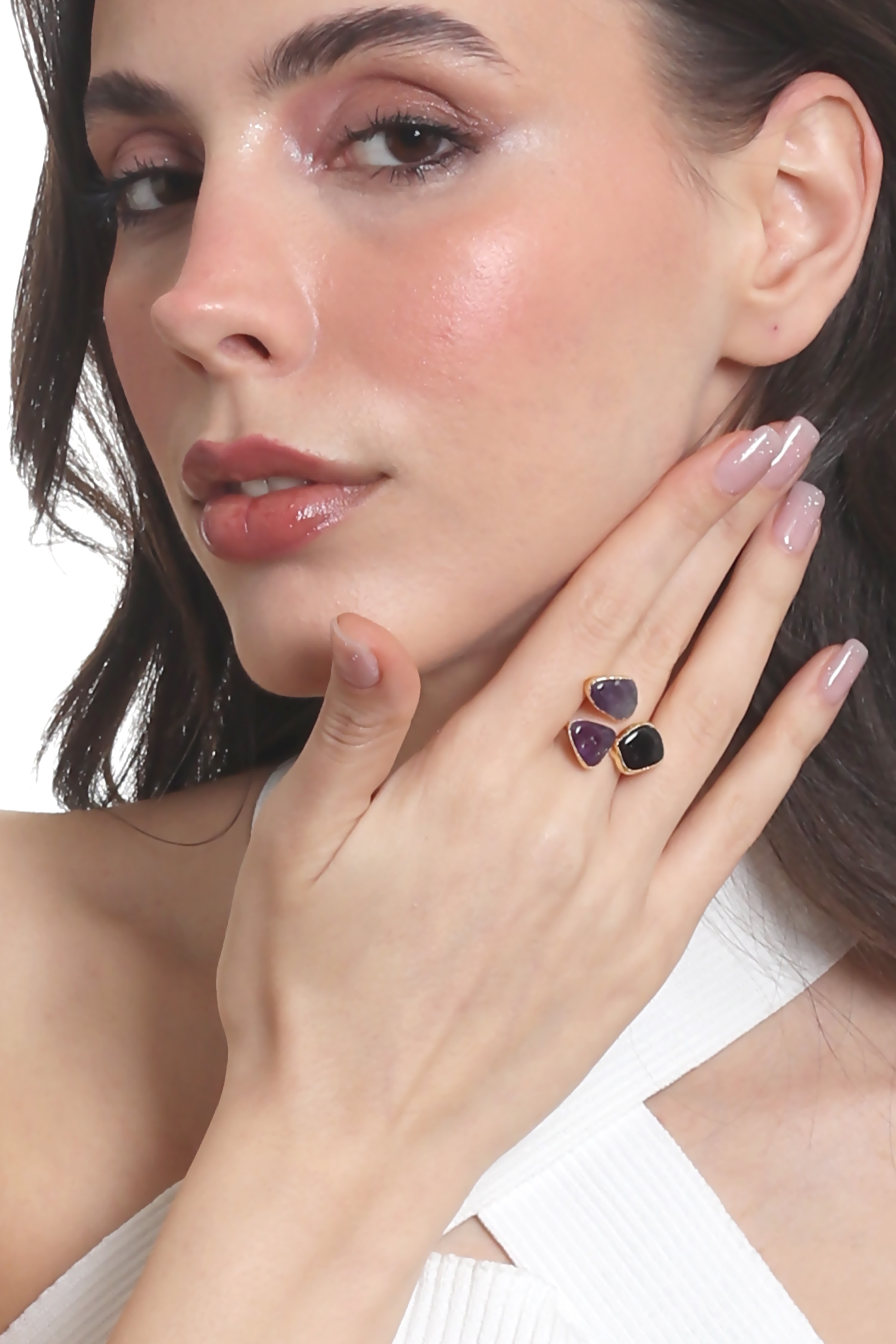 Labalaba Kadın Ametist Doğal Taşlı İki Telli El Yapımı Ayarlanabilir Tasarım Yüzük