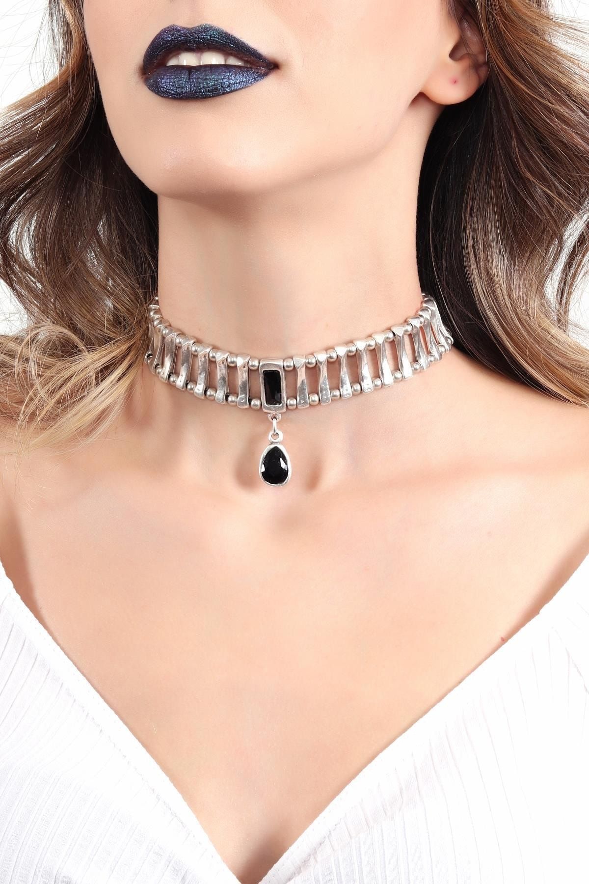 Kadın Antik Gümüş Kaplama Swarovski Taş Detaylı Tasarım Choker