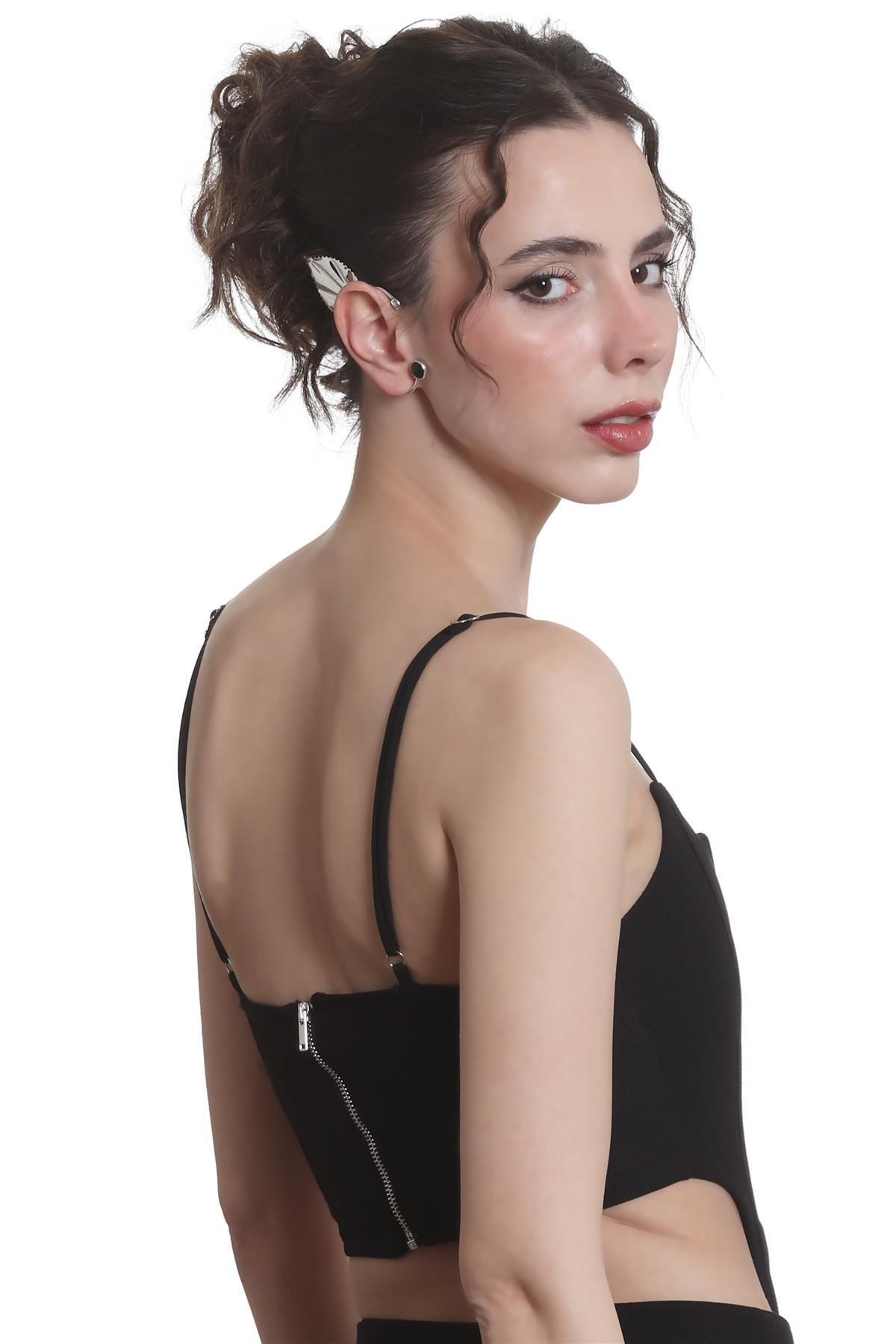 Kadın Gümüş Renk Lak Kaplama Taşlı Yaprak Stilizesi Sağ Kulak Earcuff & Kıkırdak Küpe