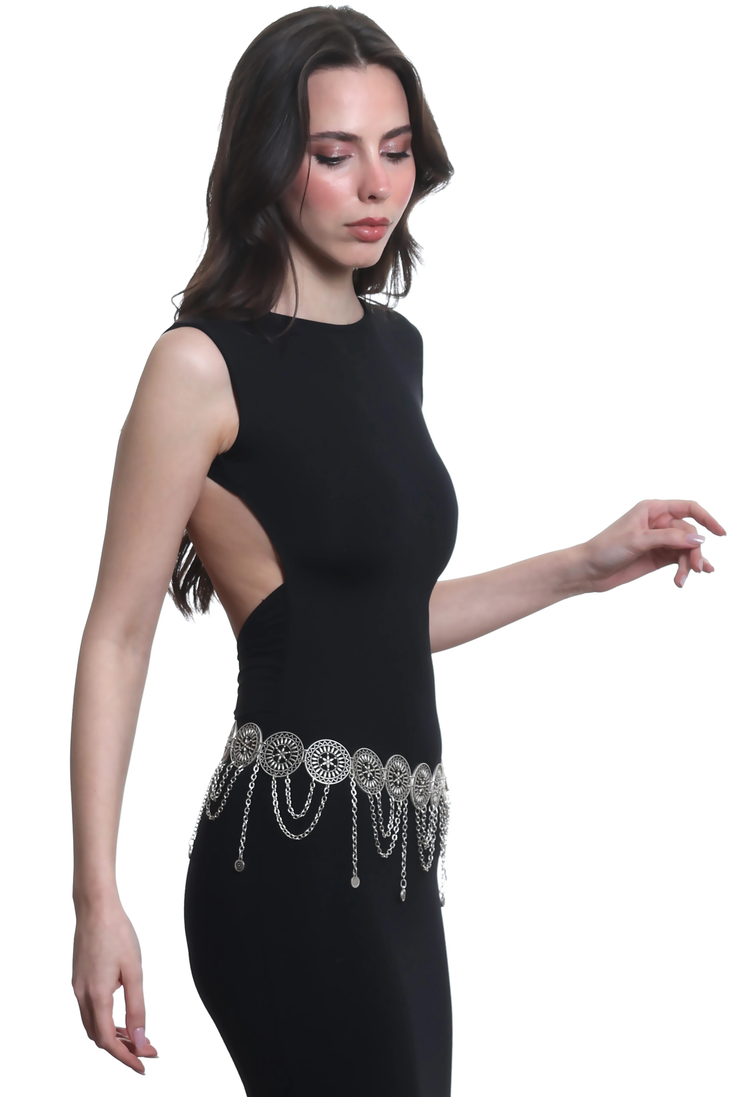 Labalaba Kadın Antik Gümüş Kaplama Telkari Çiçek Motifli Yuvarlak Parçalı Bel Kemeri, Bel Kolyesi