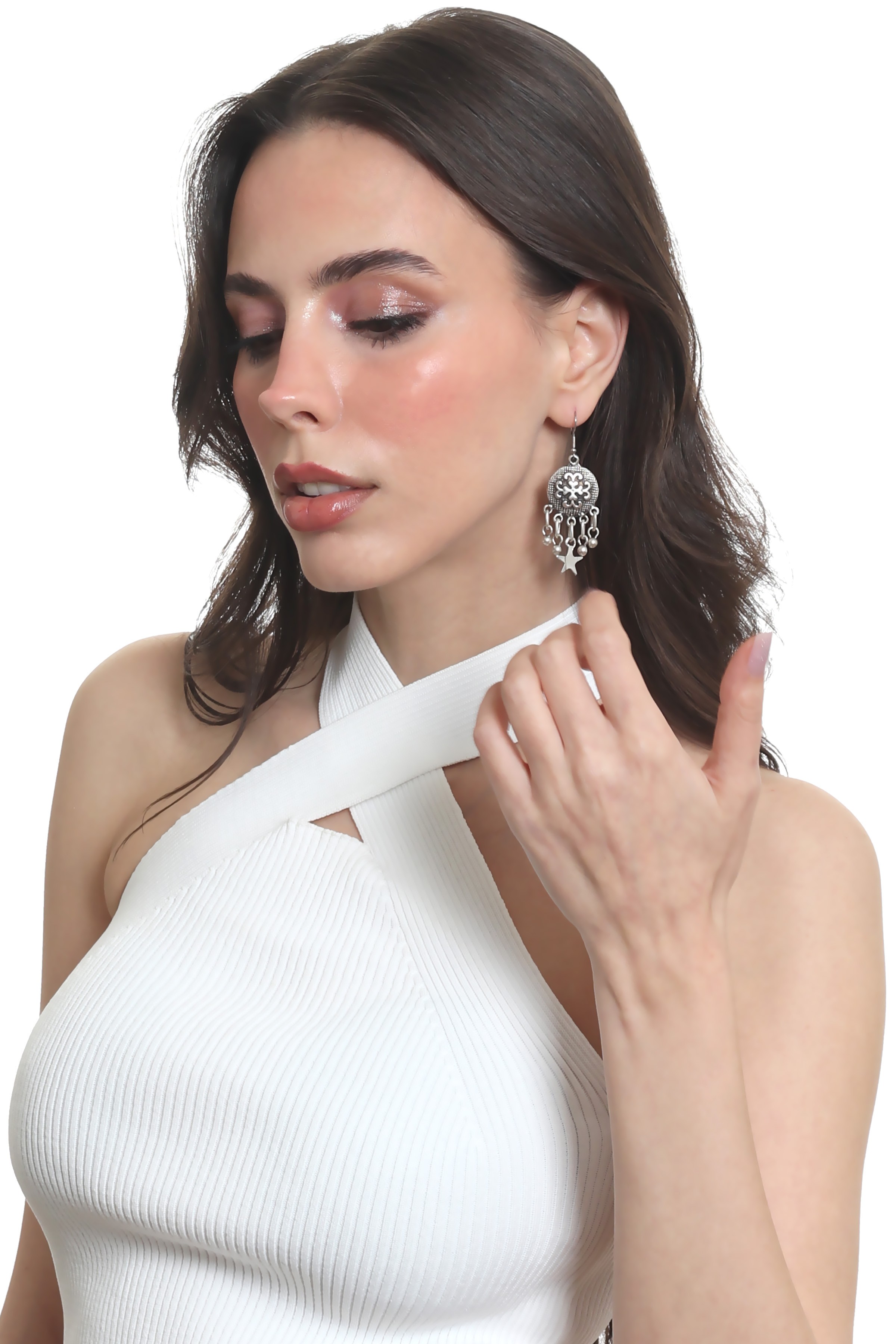 Labalaba Kadın Antik Gümüş Kaplama Top Boncuk &Yıldız Charm Detaylı Sallantılı Model Küpe