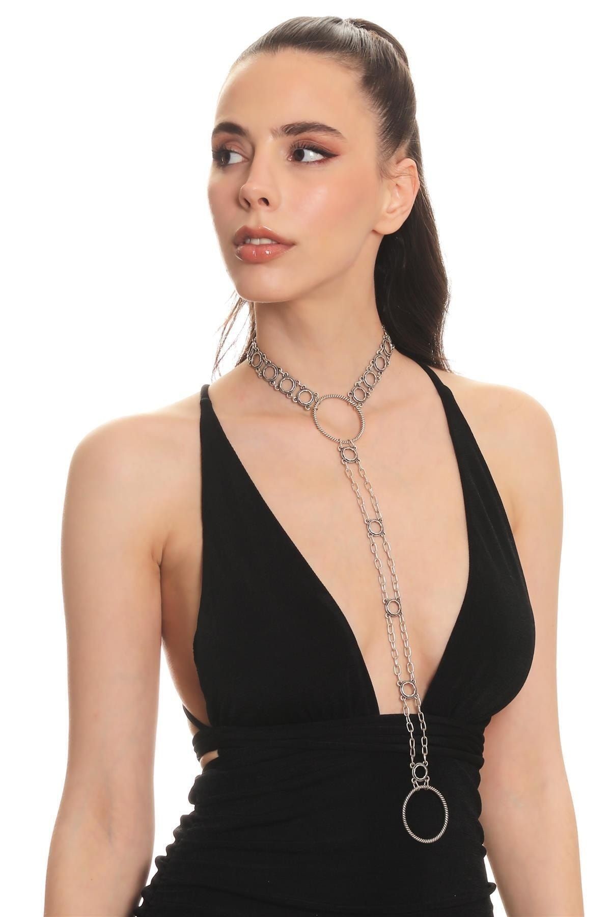 Kadın Antik Gümüş Kaplama Burgulu Yuvarlak Parçalı Tasarım Choker&Kolye