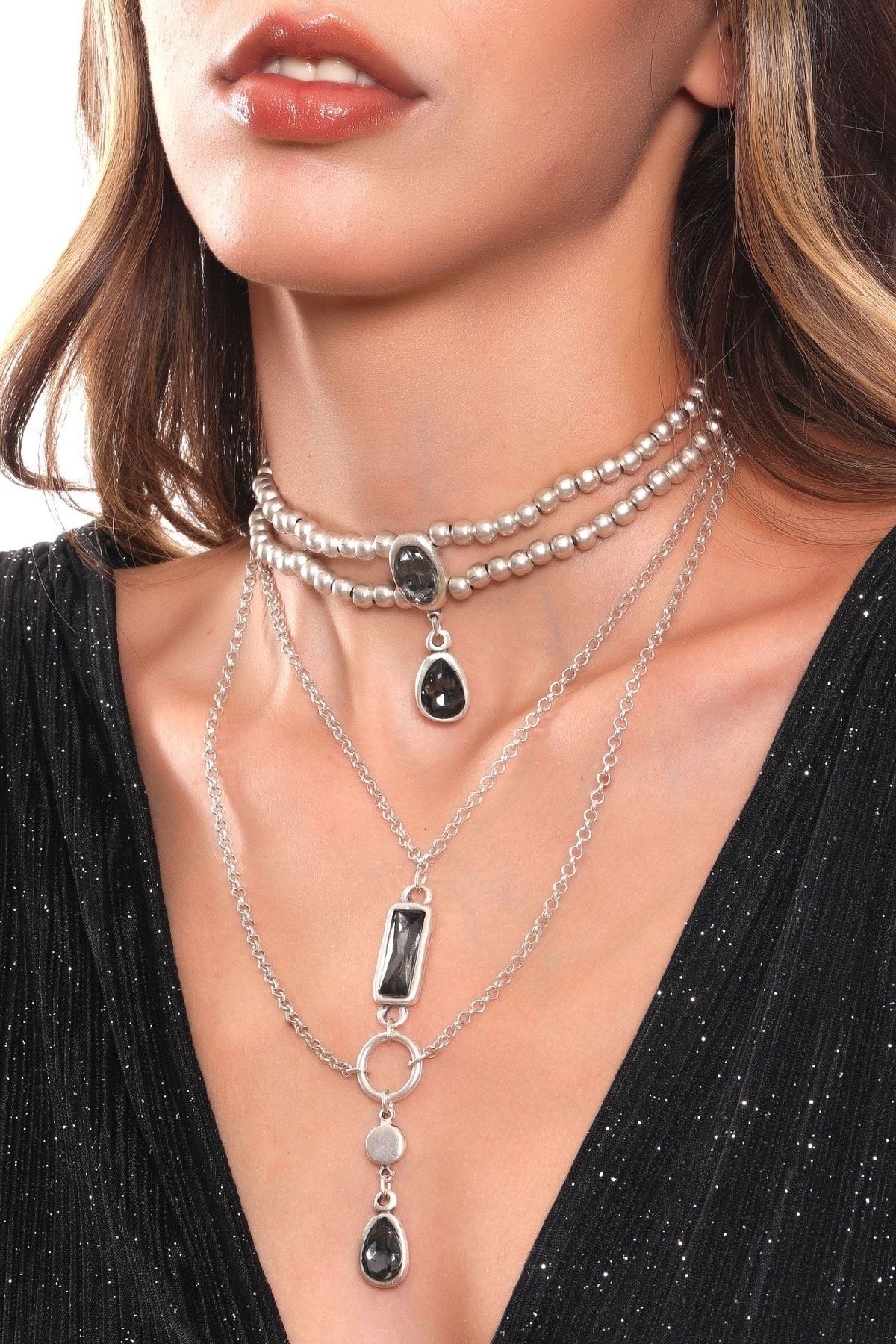 Kadın Antik Gümüş Kaplama Kristal Kesme Taş Detaylı Tasarım Kolye