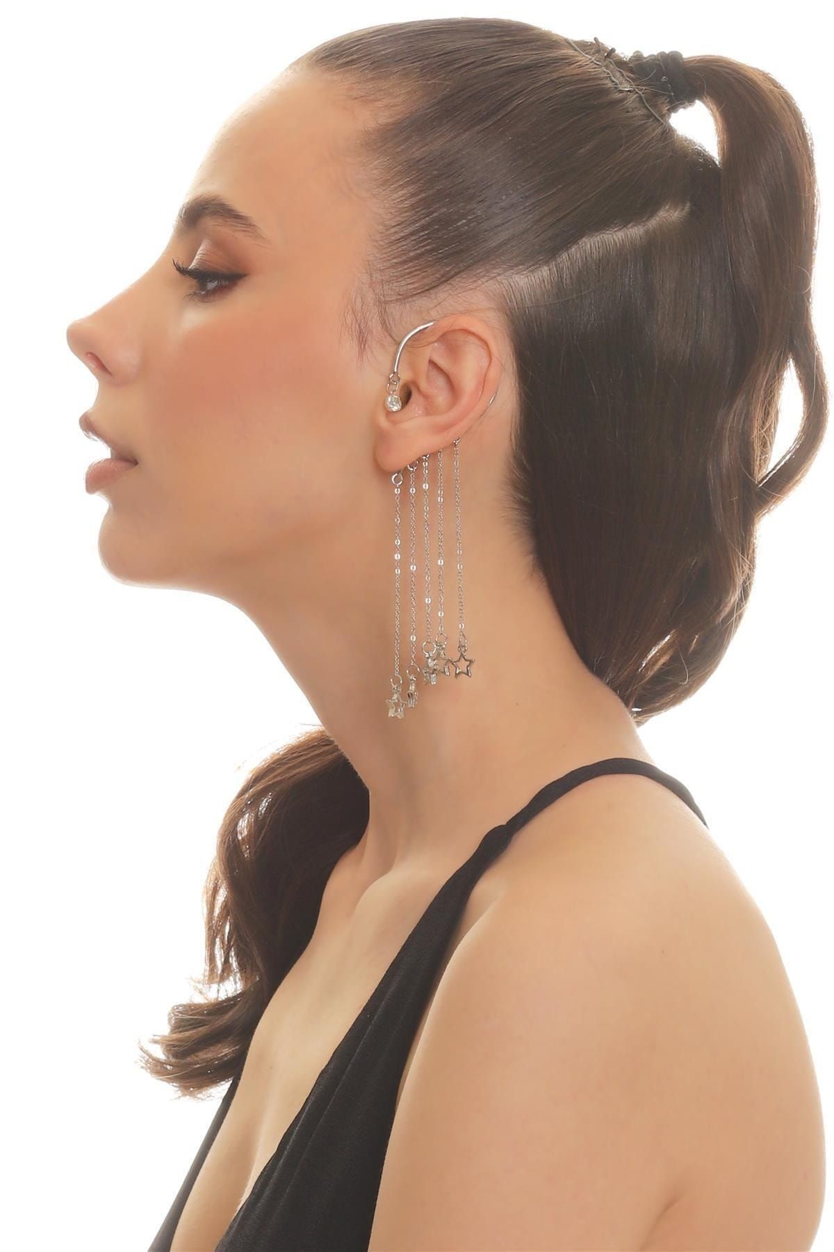 Kadın Gümüş Renk Lak Kaplama Tek Taş Detaylı Sallantılı Yıldız Charm Earcuff&Kıkırdak Küpe