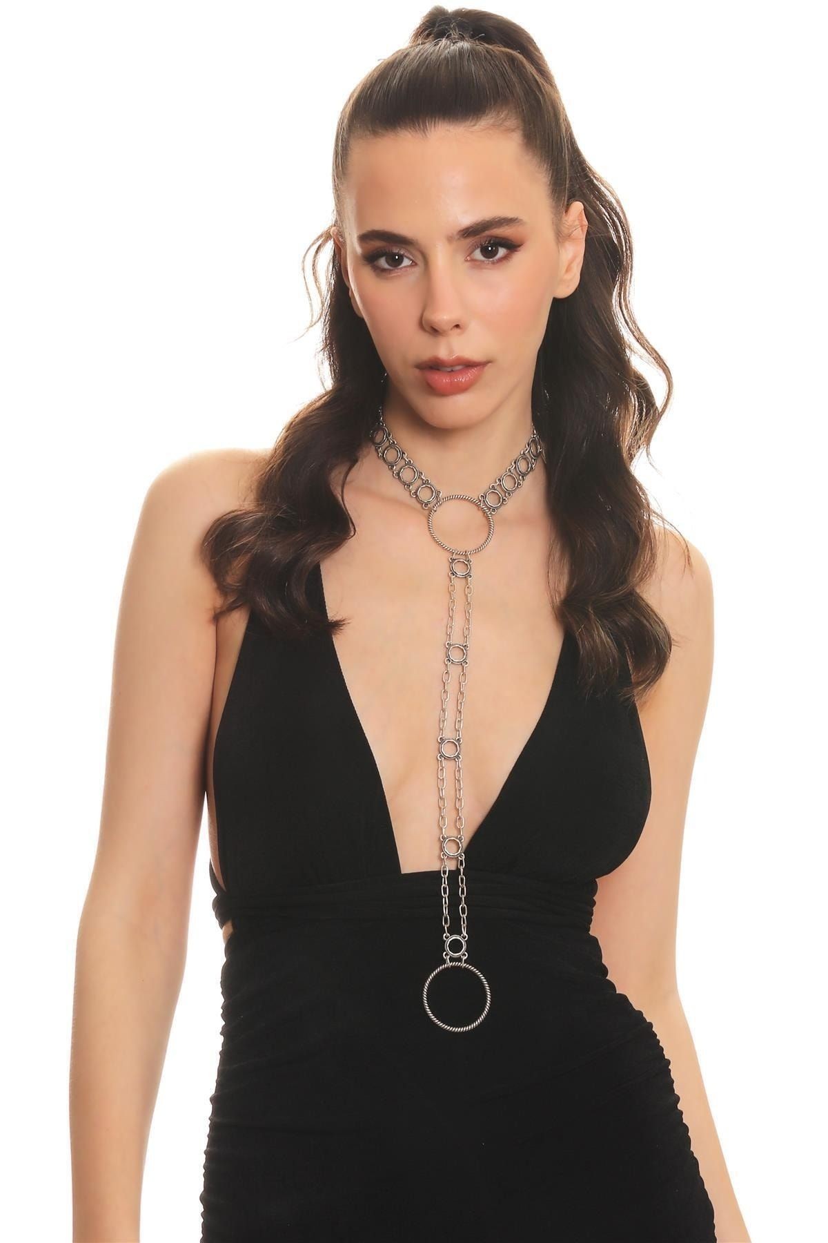 Kadın Antik Gümüş Kaplama Burgulu Yuvarlak Parçalı Tasarım Choker&Kolye