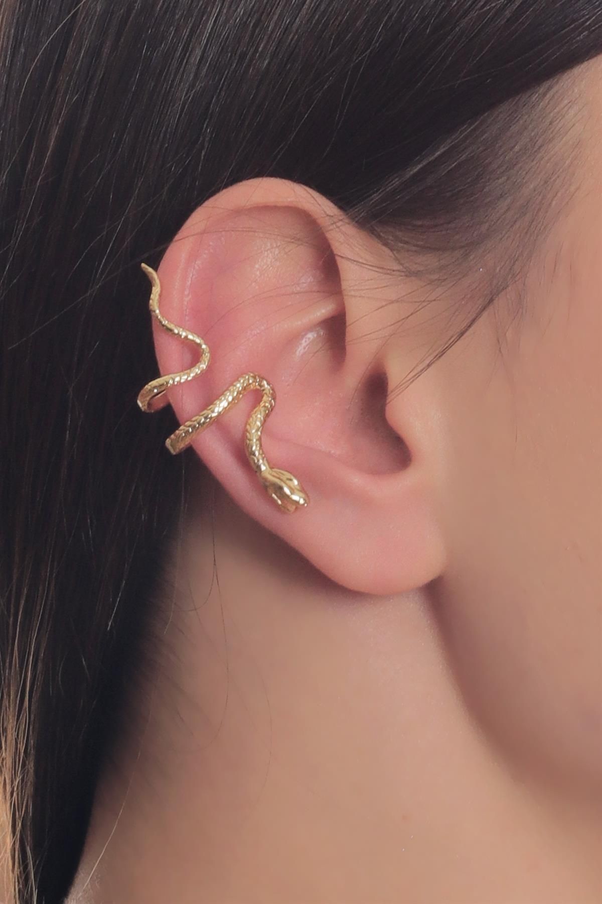 Kadın Antik Gümüş Kaplama Sıkıştırmalı Model Yılan Formlu Kıkırdak Küpe & Earcuff