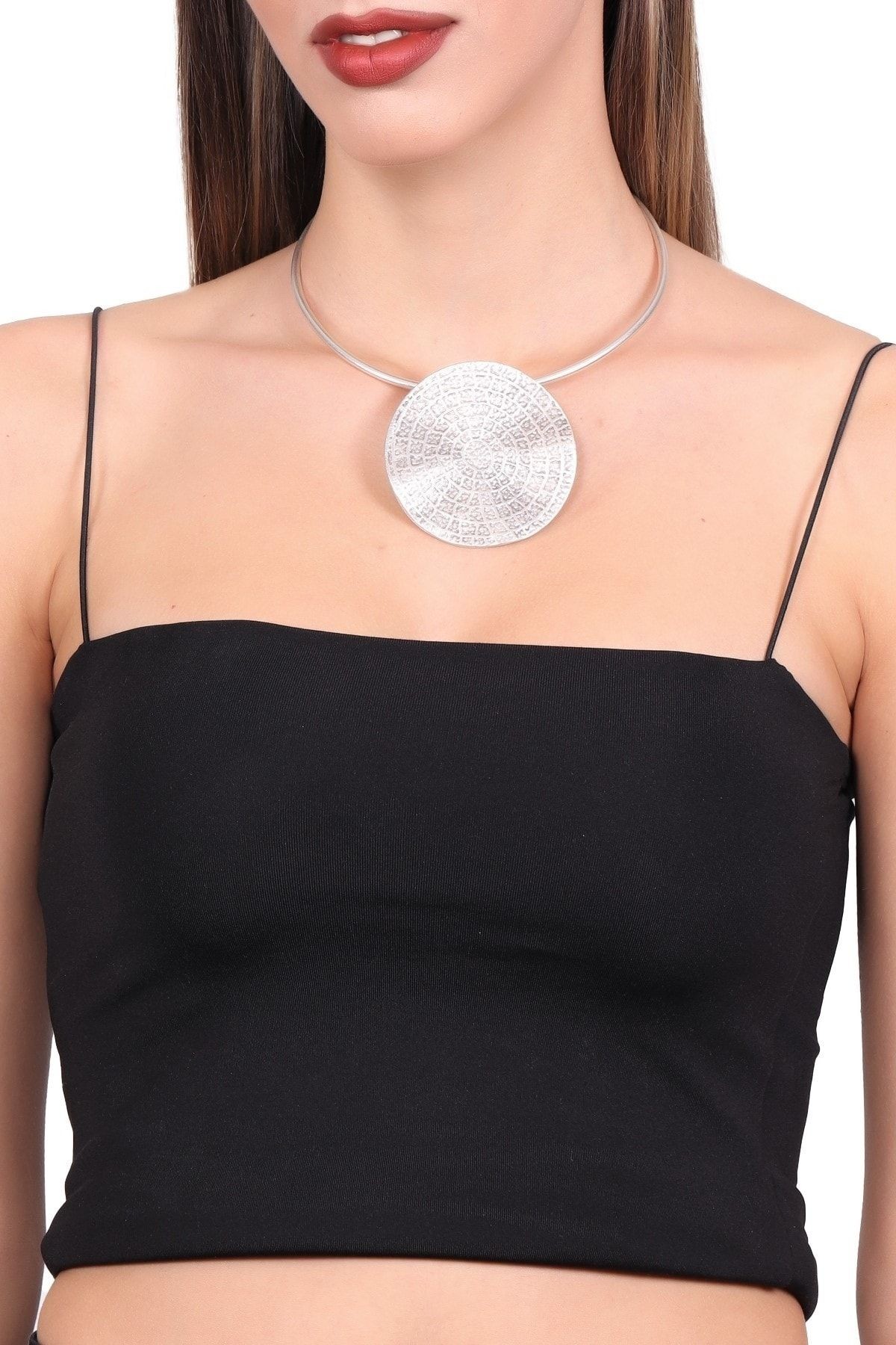 Kadın Antik Gümüş Kaplama Baskılı Bohem Uçlu Choker