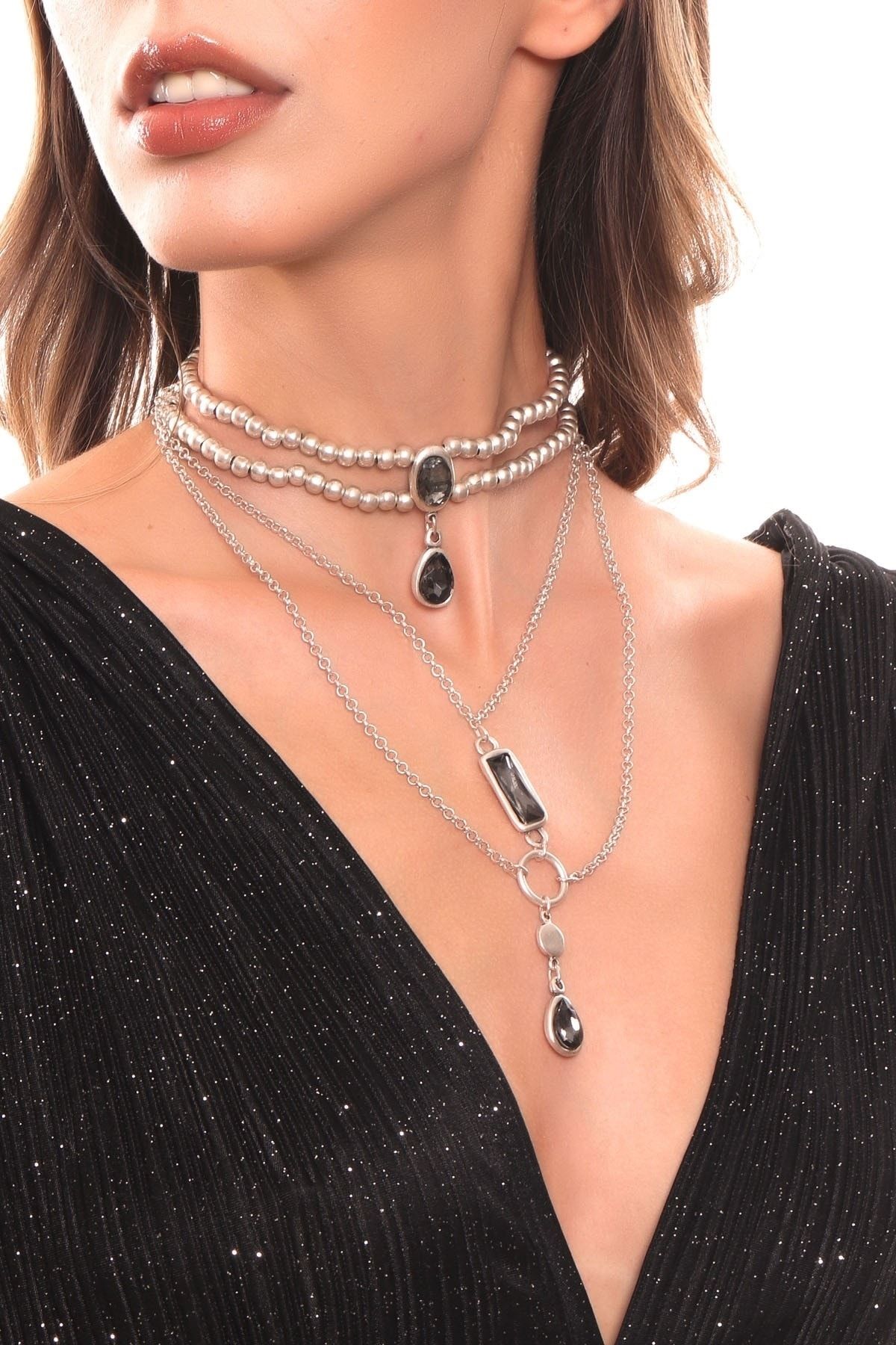 Kadın Antik Gümüş Kaplama Kristal Kesme Taş Detaylı Tasarım Kolye