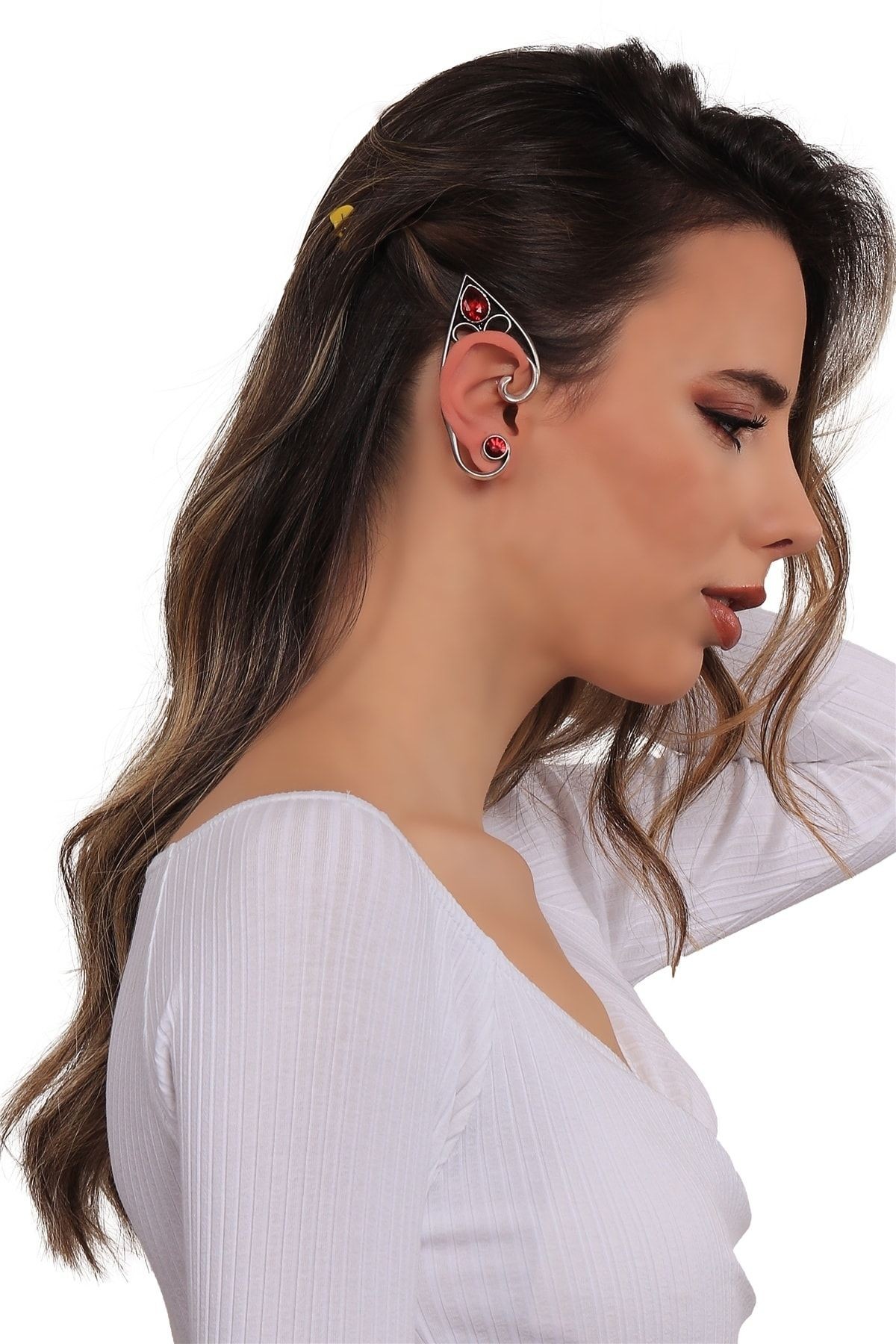 Kadın Antik Gümüş Kaplama Çivili Model Kırmızı Kristal Kesme Taşlı Ear Cuff Sağ Kulak Küpe