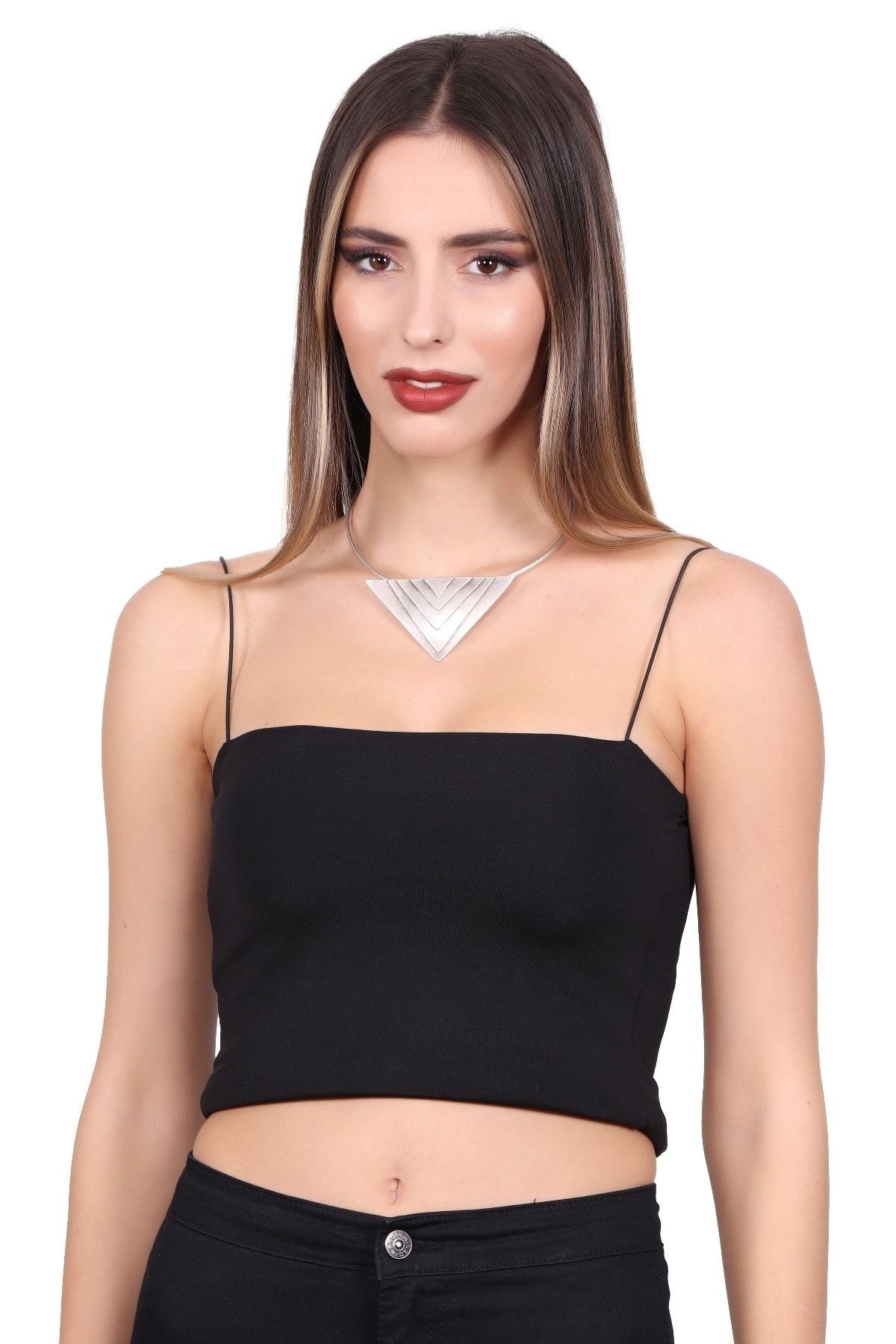 Kadın Antik Gümüş Kaplama Üçgen Uçlu Choker