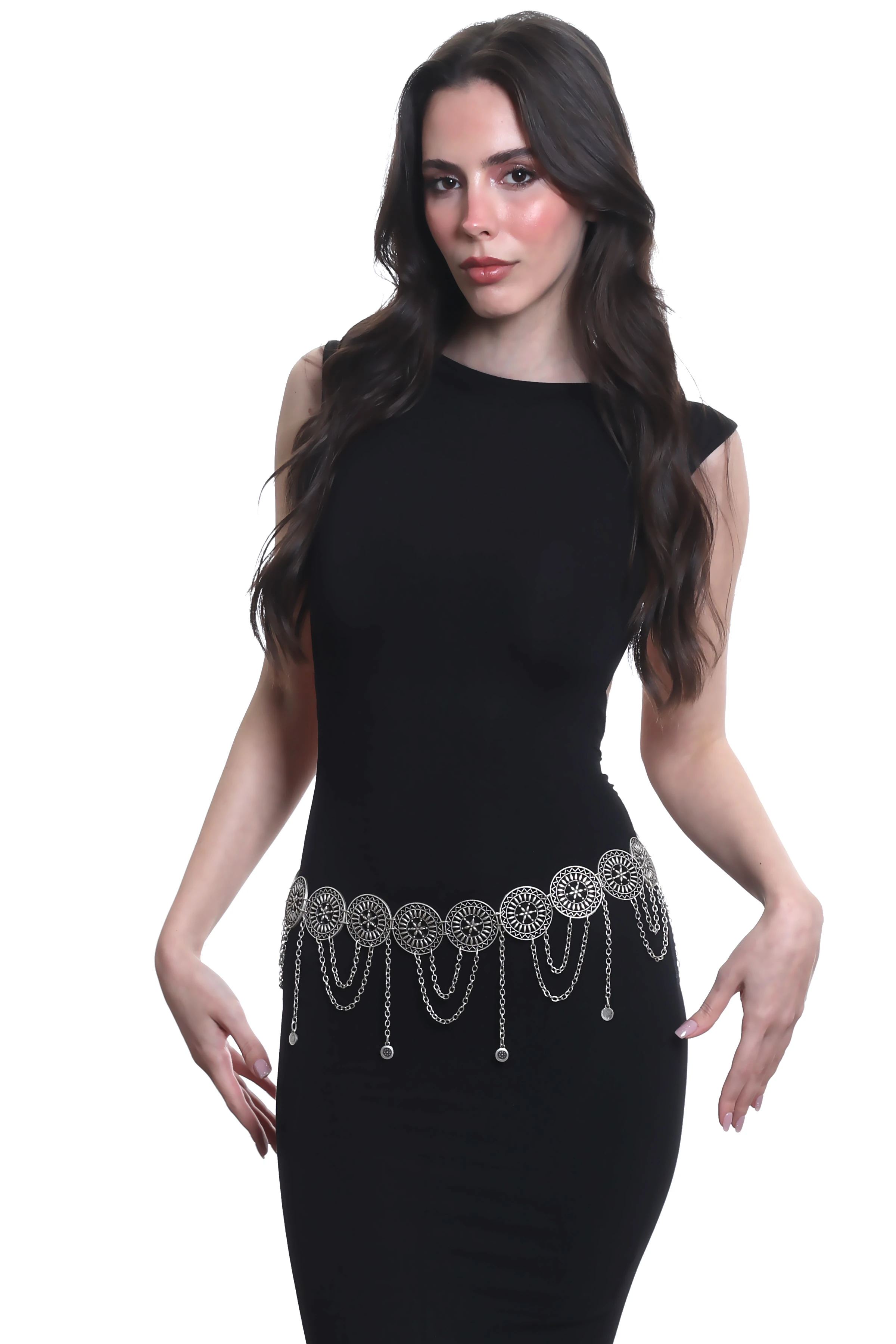 Labalaba Kadın Antik Gümüş Kaplama Telkari Çiçek Motifli Yuvarlak Parçalı Bel Kemeri, Bel Kolyesi