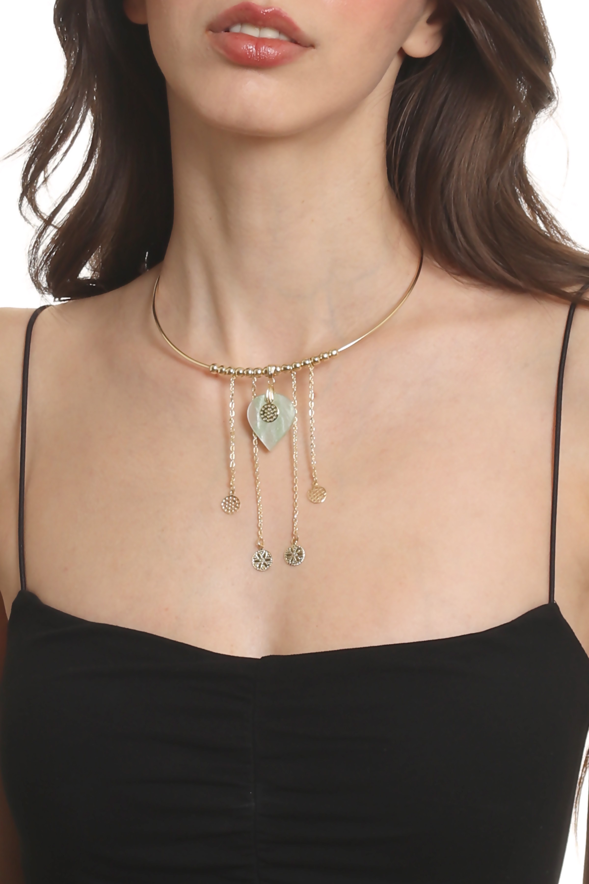 Labalaba Kadın Lak Altın Kaplama Sedef Kalp Charmlı Tel Choker, Tasma Kolye
