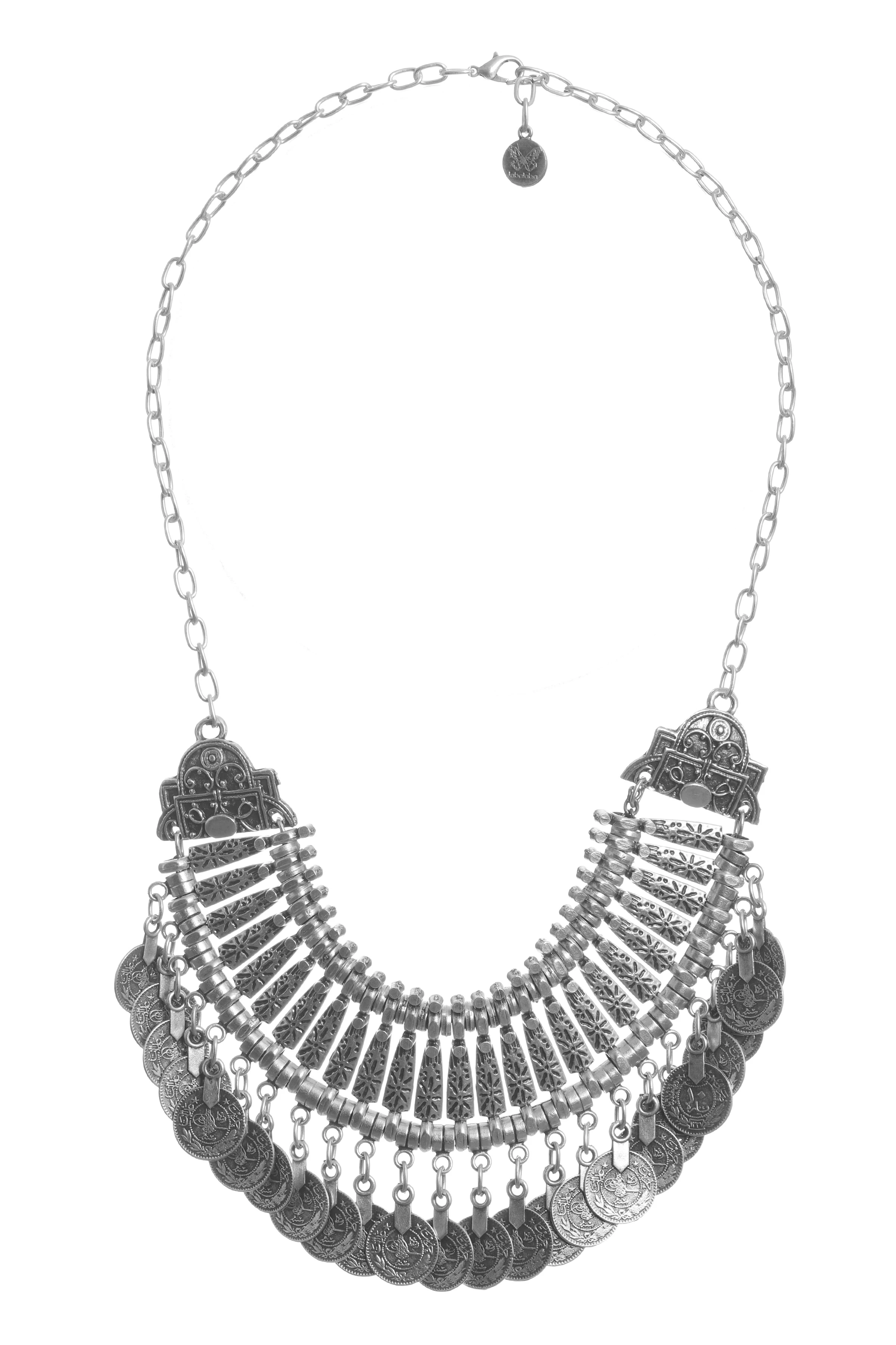 Labalaba Kadın Antik Gümüş Kaplama Tuğra Detaylı Bohem Kolye