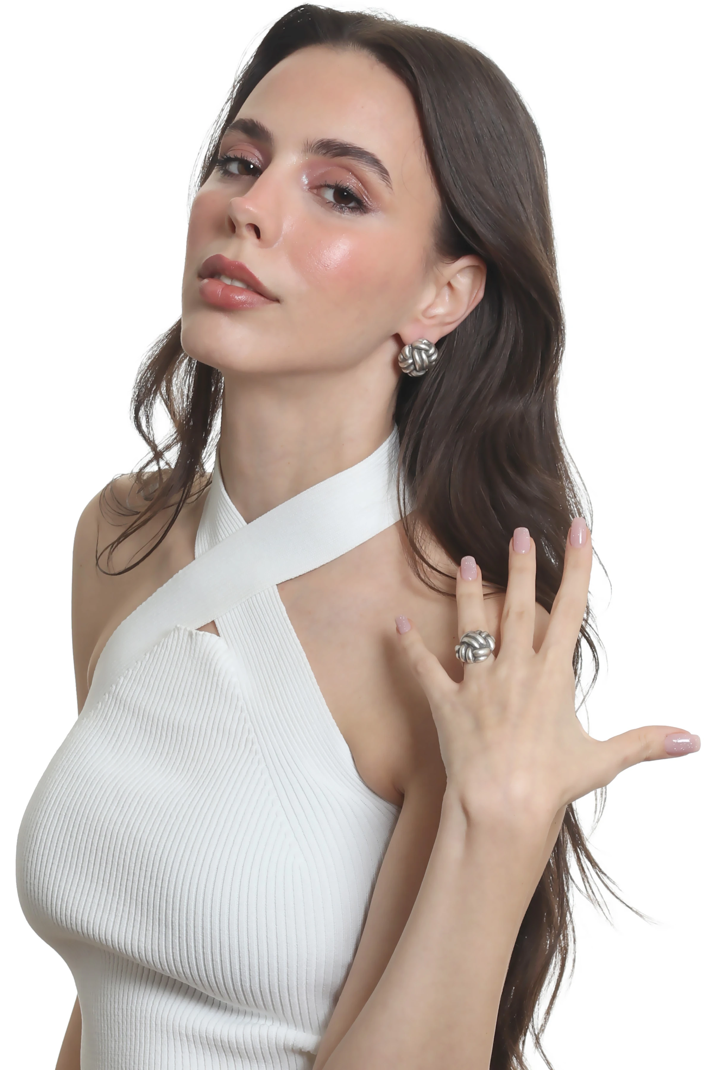 Labalaba Kadın Antik Gümüş Kaplama Çivili Model İki Telli Halat Düğüm Dokulu Küpe & Yüzük Set