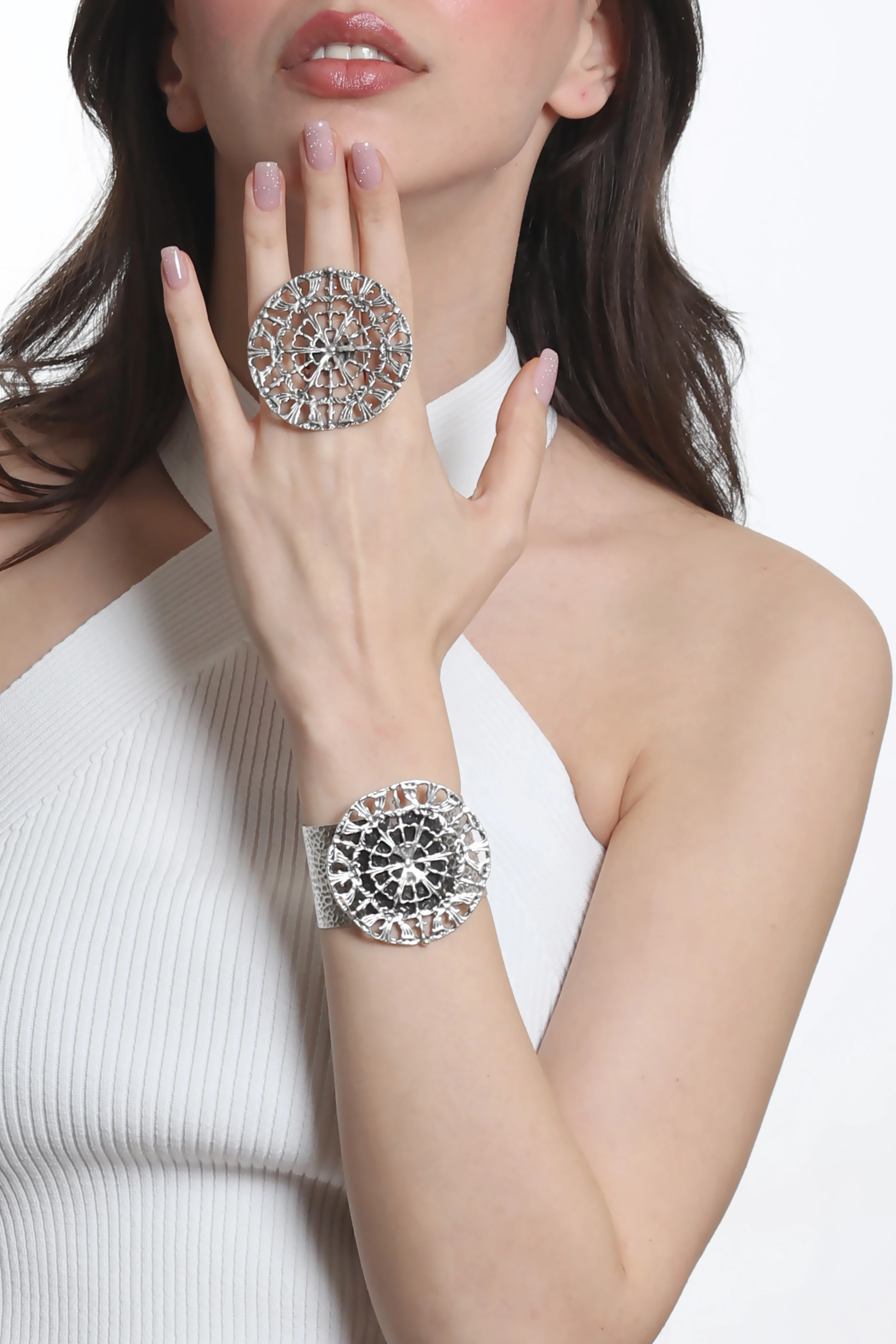 Labalaba Kadın Antik Gümüş Kaplama Ayarlanabilir Geniş Band Örümcek Ağı Figürlü Bileklik & Yüzük Set