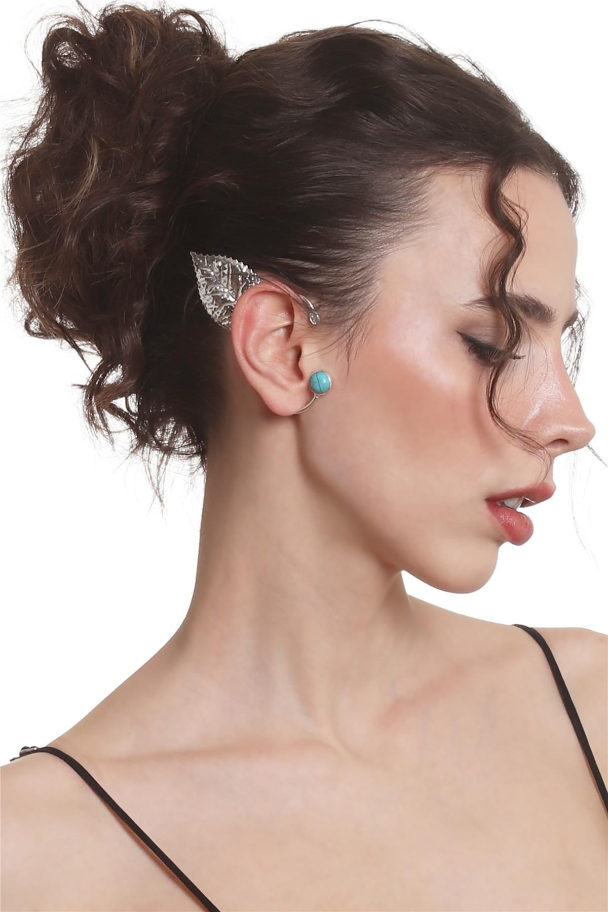 Kadın Gümüş Renk Lak Kaplama Taşlı Dokulu Yaprak Stilizesi Sağ Kulak Earcuff & Kıkırdak Küpe