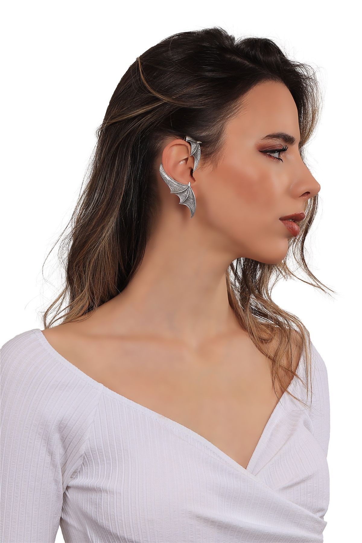 Kadın Antik Gümüş Kaplama Çivili Model Ear Cuff Sağ Kulak Yarasa Küpe