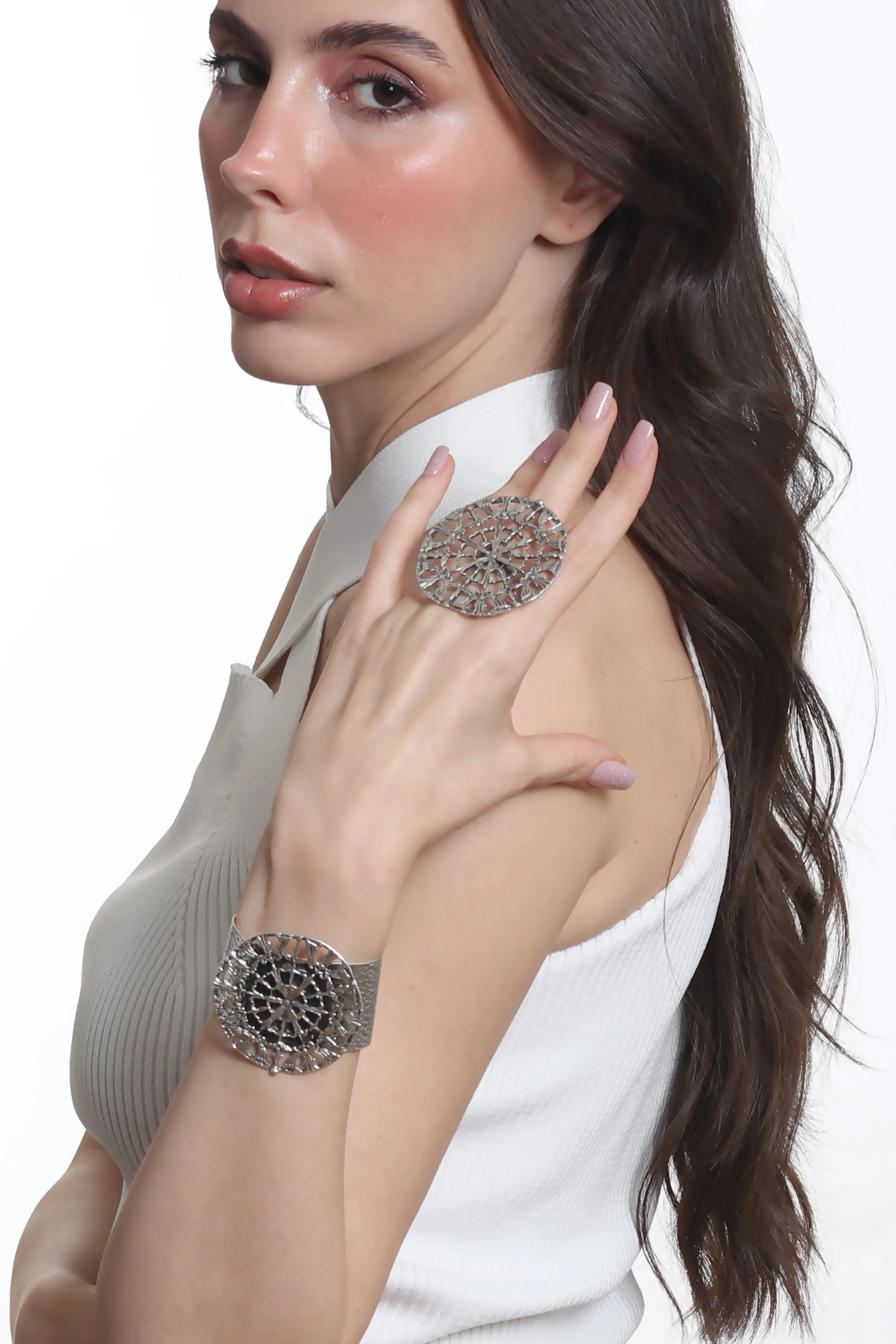 Labalaba Kadın Antik Gümüş Kaplama Ayarlanabilir Geniş Band Örümcek Ağı Figürlü Bileklik & Yüzük Set