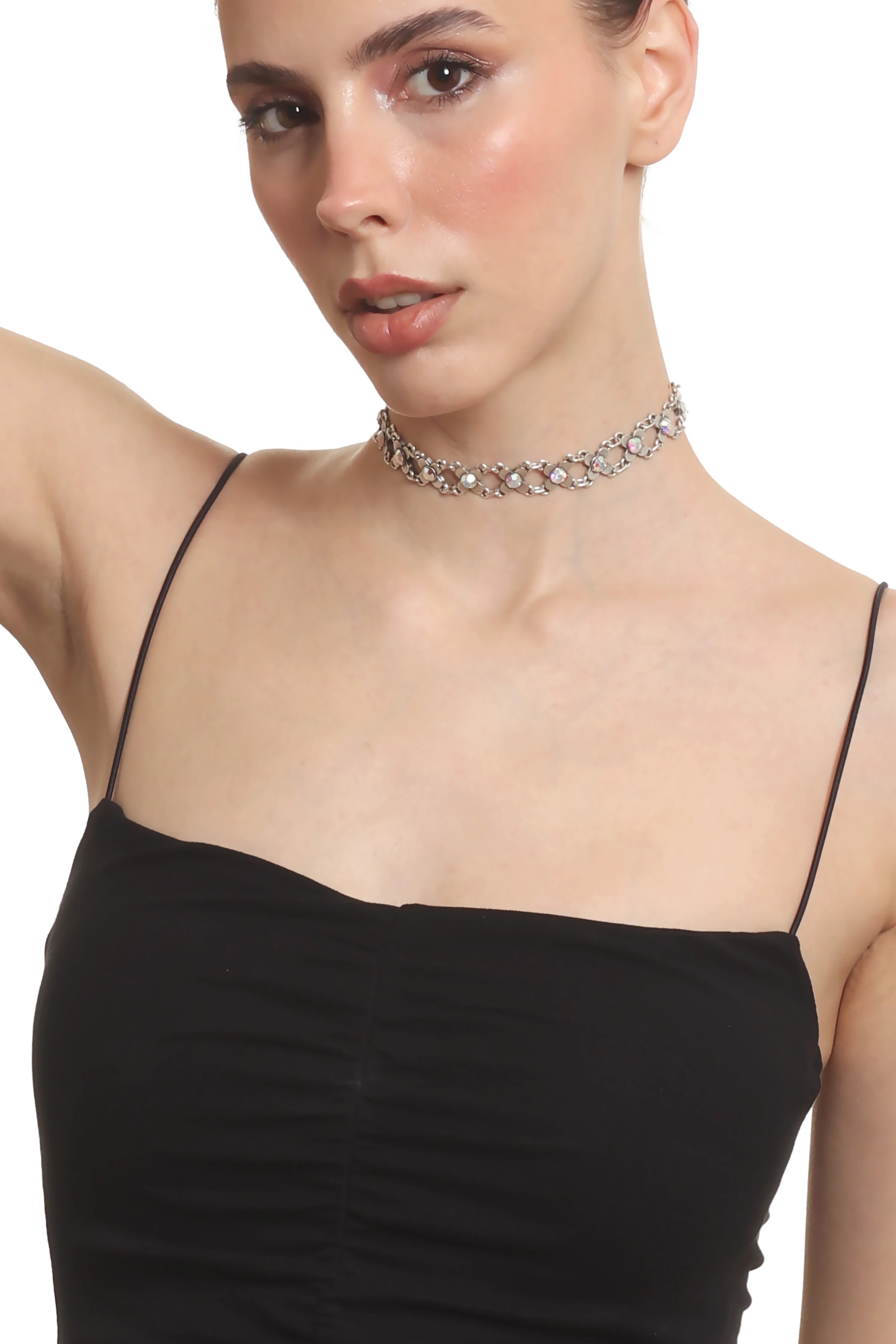 Labalaba Kadın Antik Gümüş Kaplama Gökkuşağı Renk Taşlı Choker Tasma Kolye