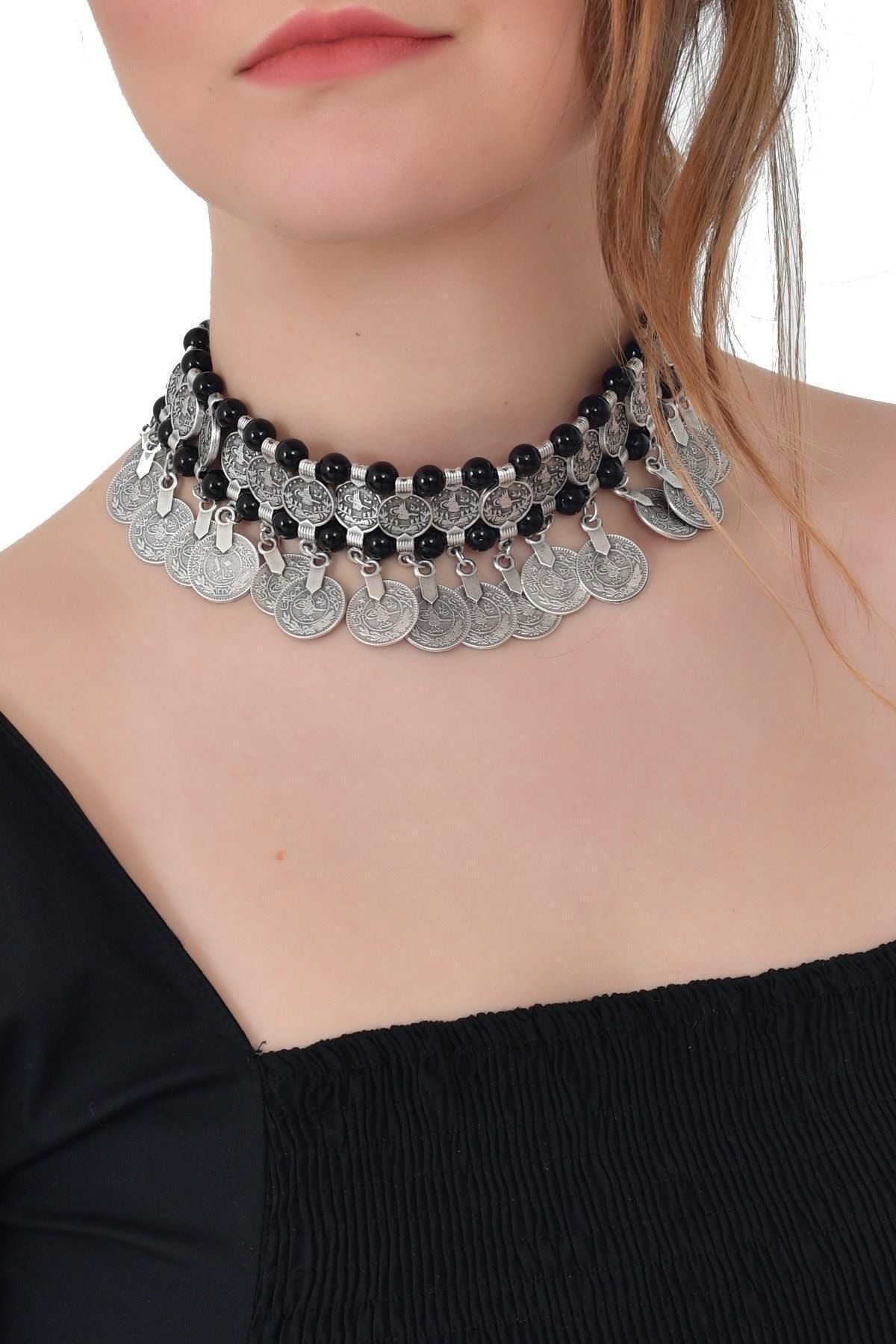 Kadın Antik Gümüş Kaplama&doğaltaş Choker Kolye