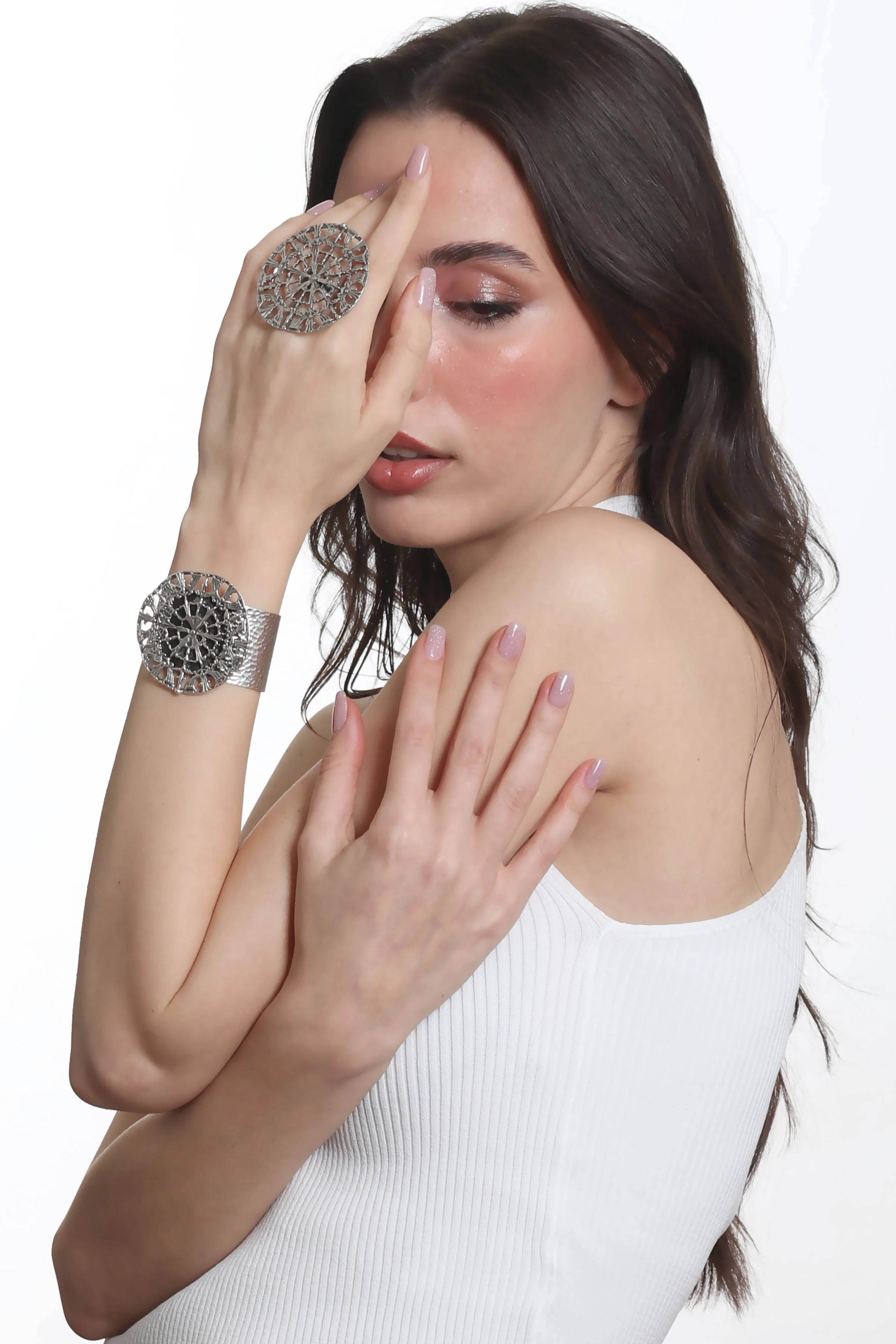 Labalaba Kadın Antik Gümüş Kaplama Ayarlanabilir Geniş Band Örümcek Ağı Figürlü Bileklik & Yüzük Set