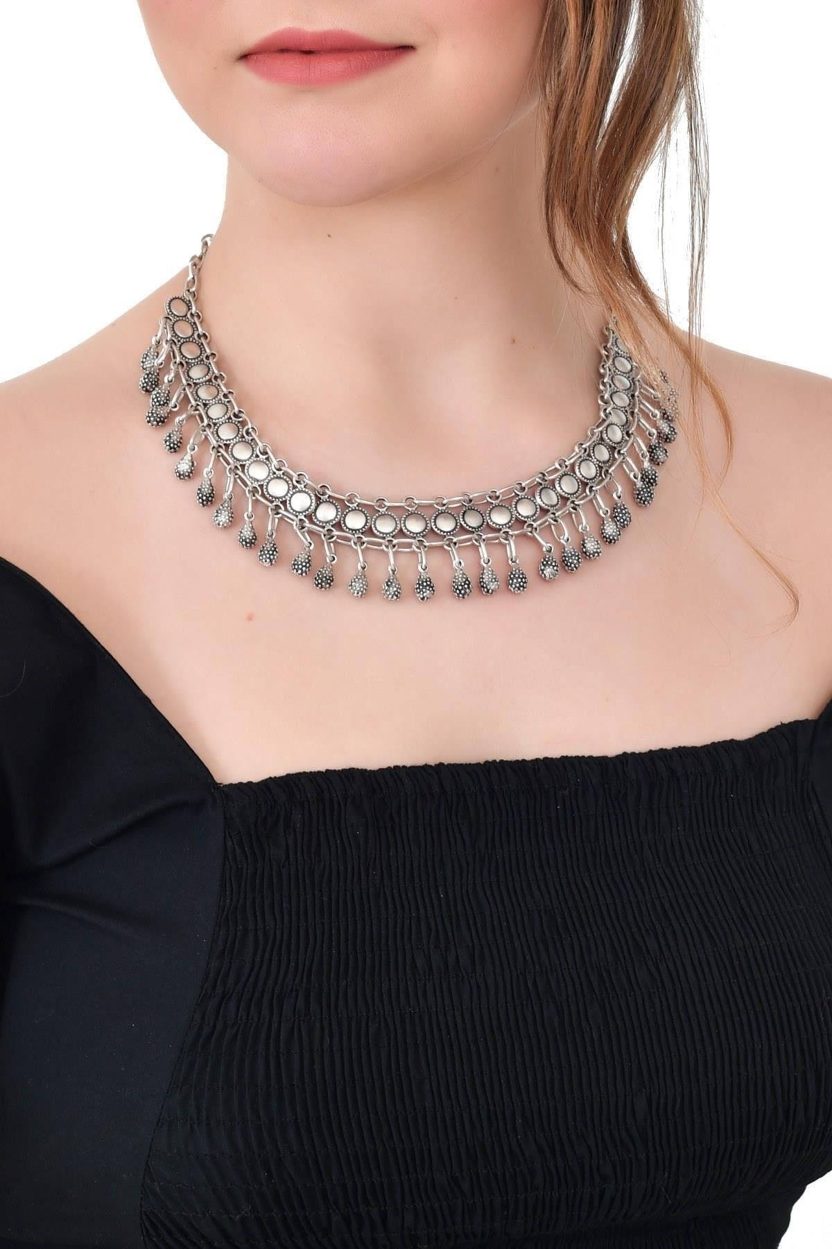 Kadın Antik Gümüş Kaplama Choker  Kolye