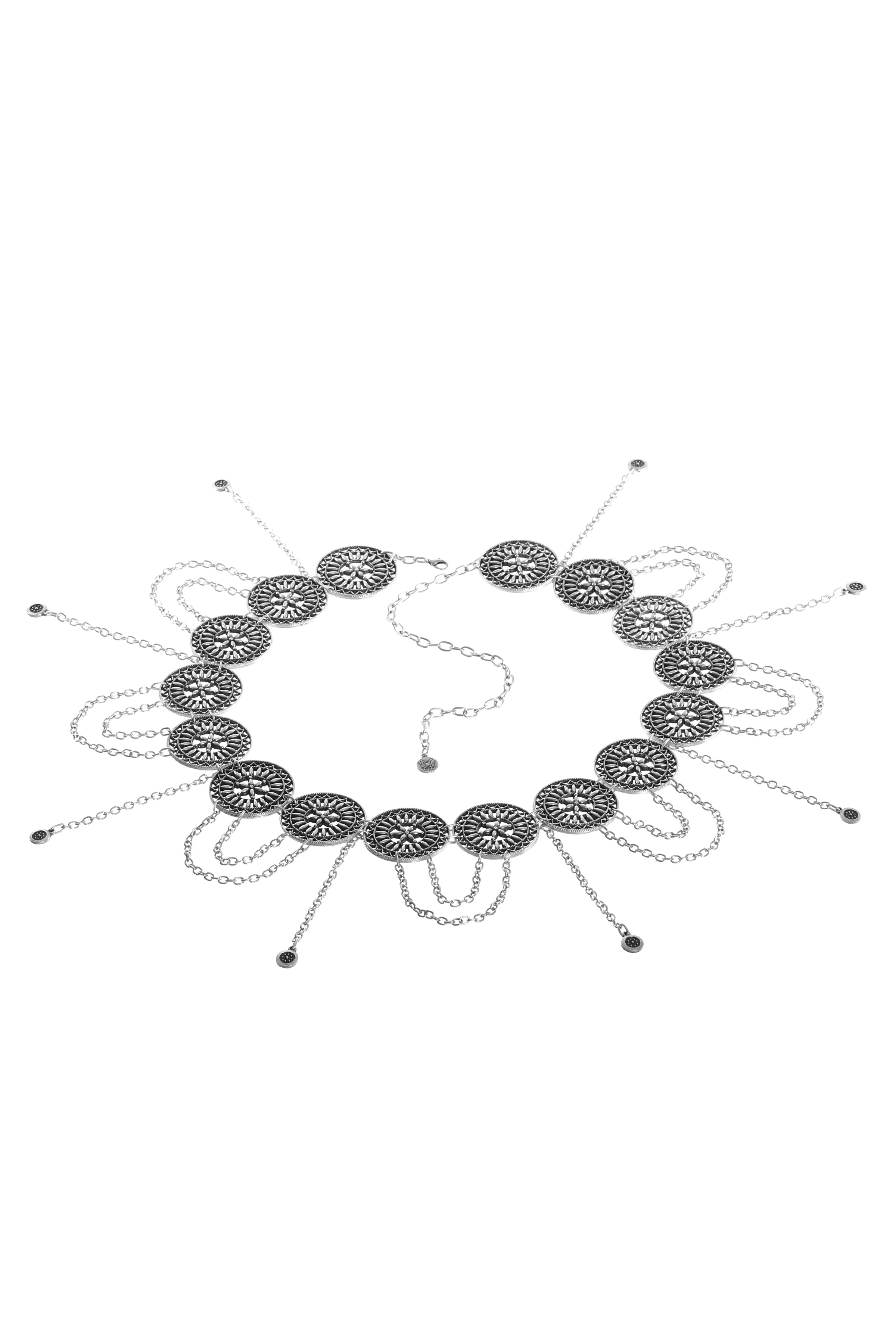 Labalaba Kadın Antik Gümüş Kaplama Telkari Çiçek Motifli Yuvarlak Parçalı Bel Kemeri, Bel Kolyesi