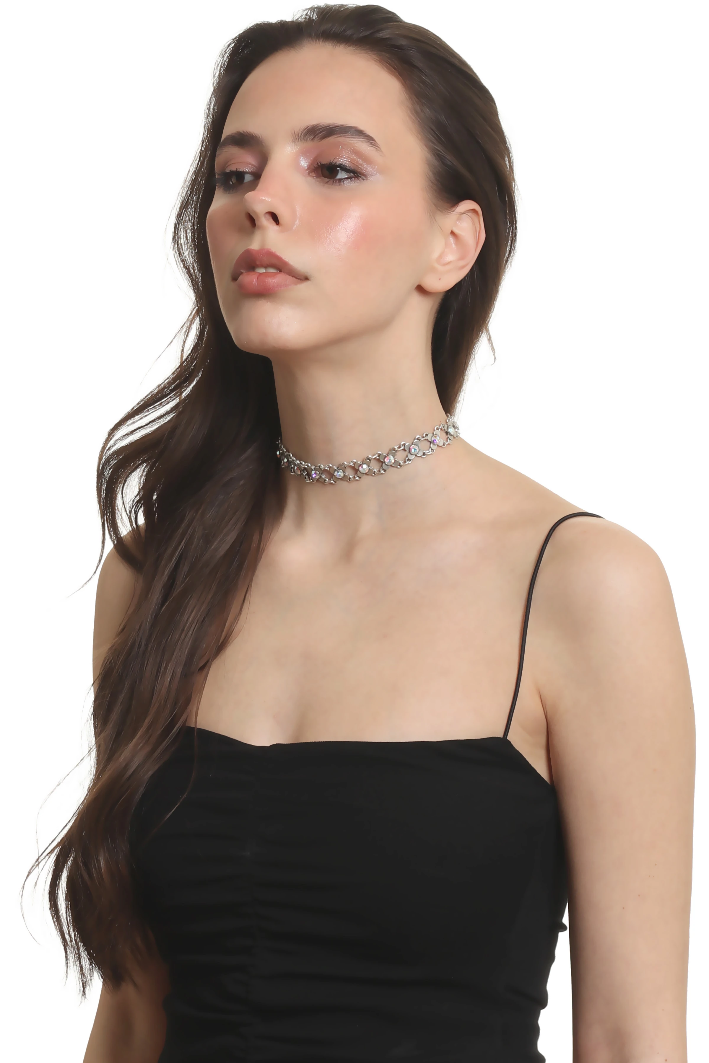 Labalaba Kadın Antik Gümüş Kaplama Gökkuşağı Renk Taşlı Choker Tasma Kolye