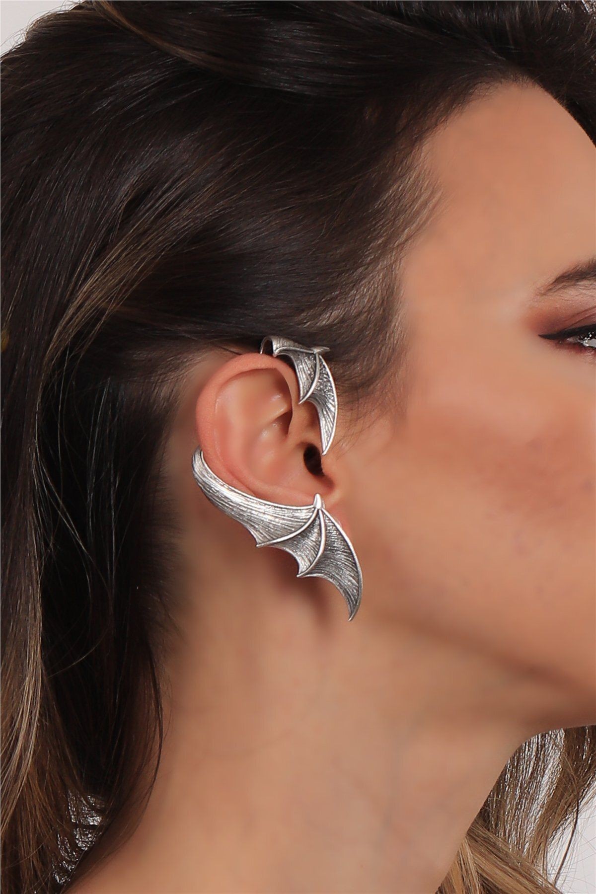 Kadın Antik Gümüş Kaplama Çivili Model Ear Cuff Sağ Kulak Yarasa Küpe