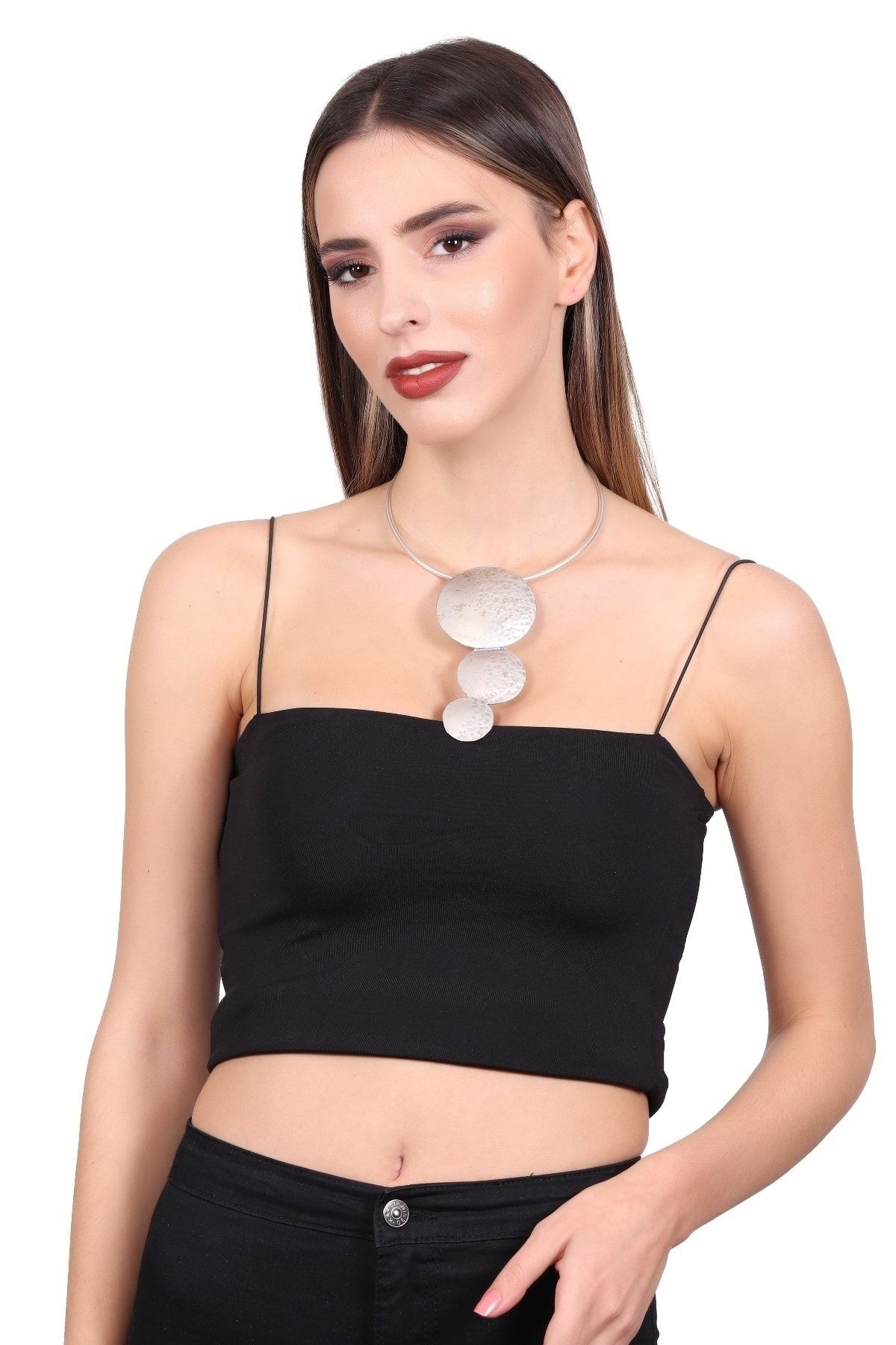 Kadın Antik Gümüş Kaplama Krater Uçlu Choker