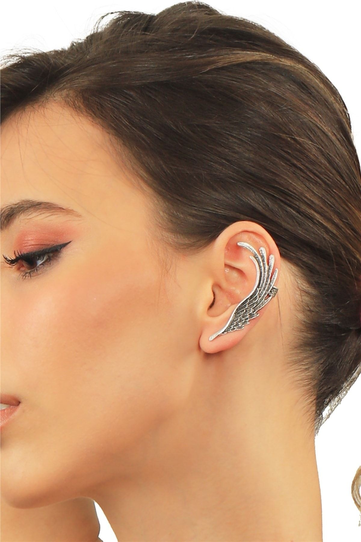 Kadın Antik Gümüş Kaplama Çivili Ve Sıkıştırmalı Model Ear Cuff Sol Kulak Melek Kanadı Küpe