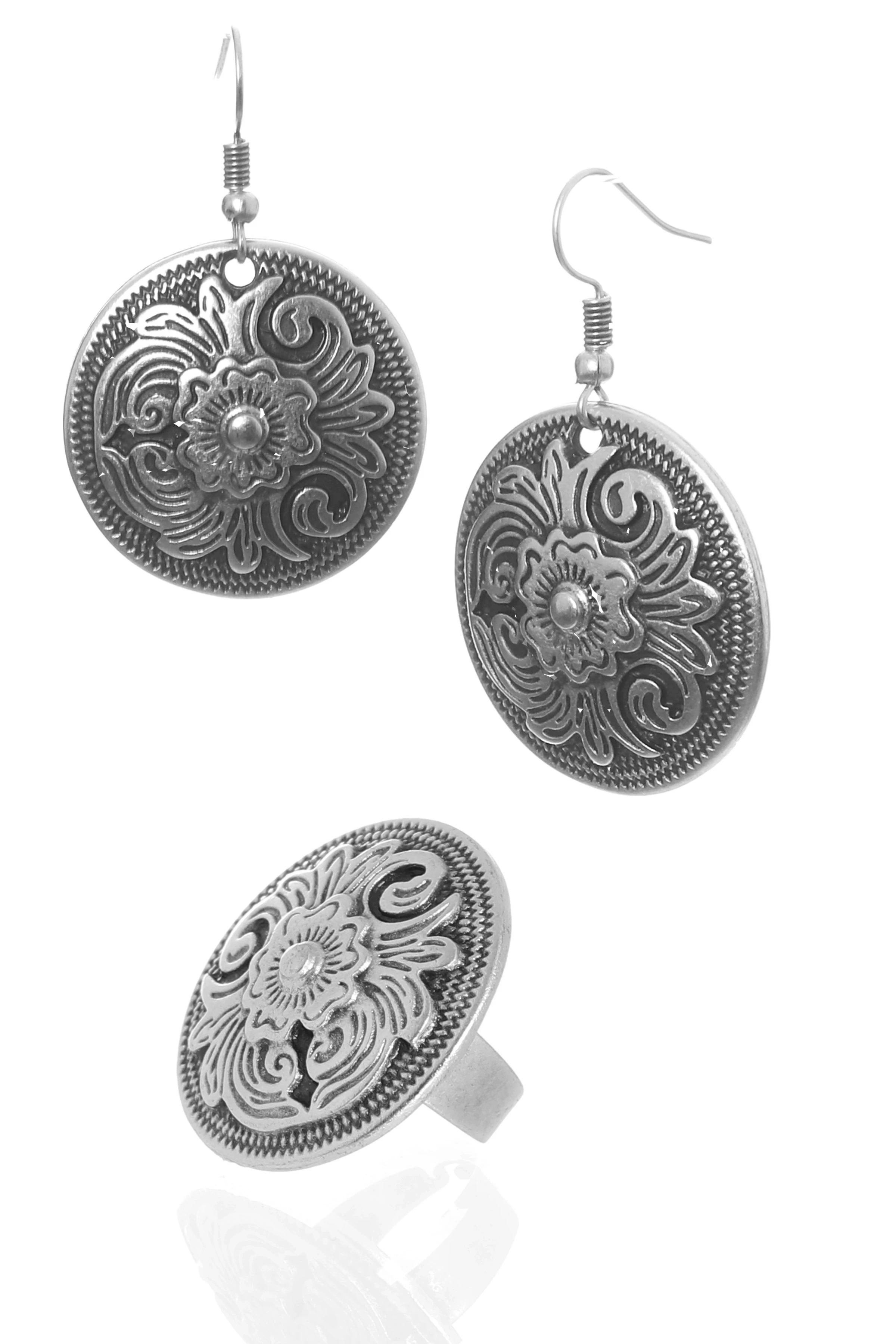 Labalaba Kadın Antik Gümüş Kaplama Ayarlanabilir Çiçek Motifli Yüzük & Sallantılı Model Küpe