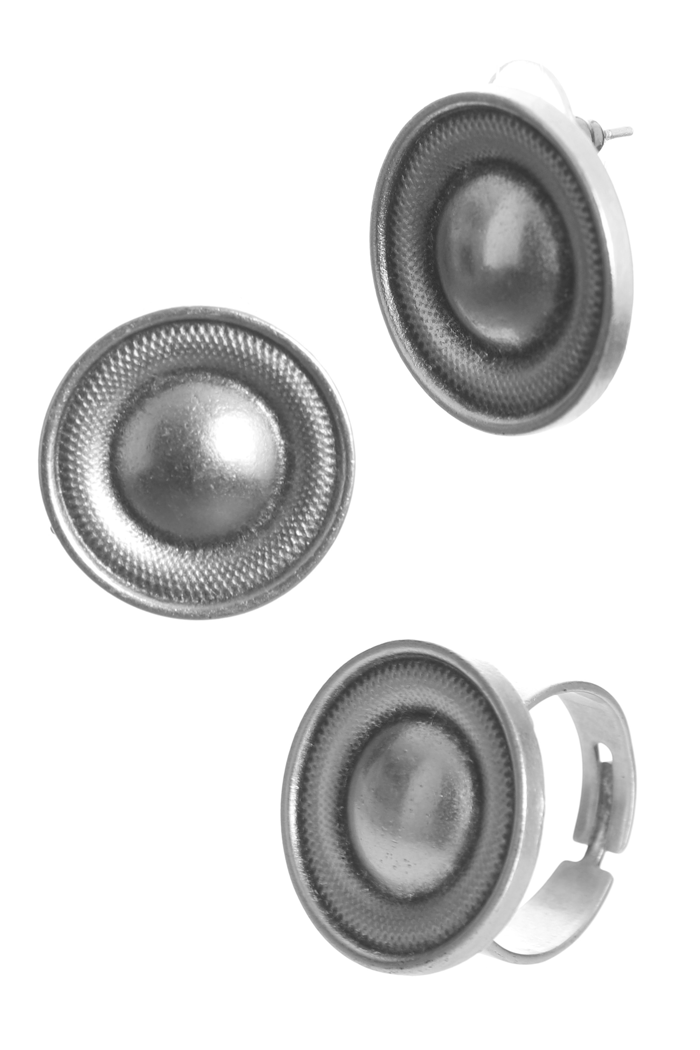 Labalaba Kadın Antik Gümüş Kaplama Çivili Model Düğme Küpe&Yüzük Seti