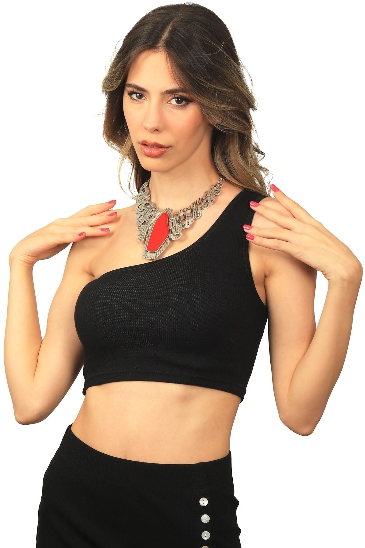 Kadın Antik Gümüş Kaplama Asimetrik Parçalı Mineli Kolye