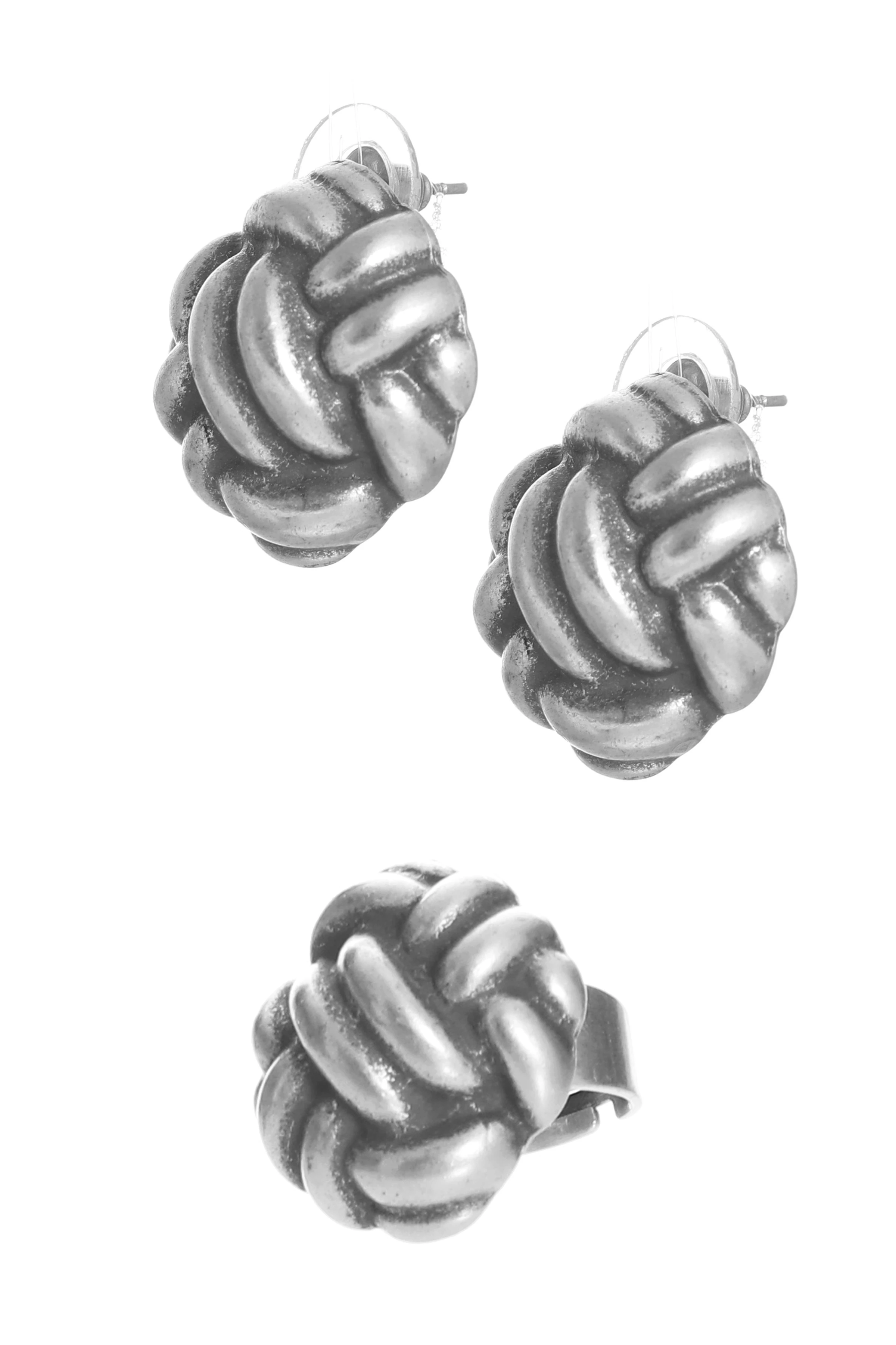 Labalaba Kadın Antik Gümüş Kaplama Çivili Model İki Telli Halat Düğüm Dokulu Küpe & Yüzük Set