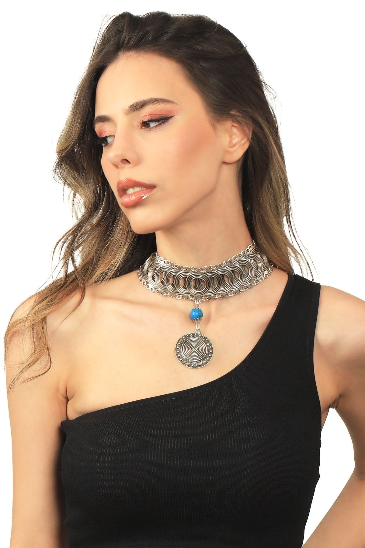 Kadın Antik Gümüş Kaplama Turkuaz Doğal Taş Detaylı Illüzyon Model Choker