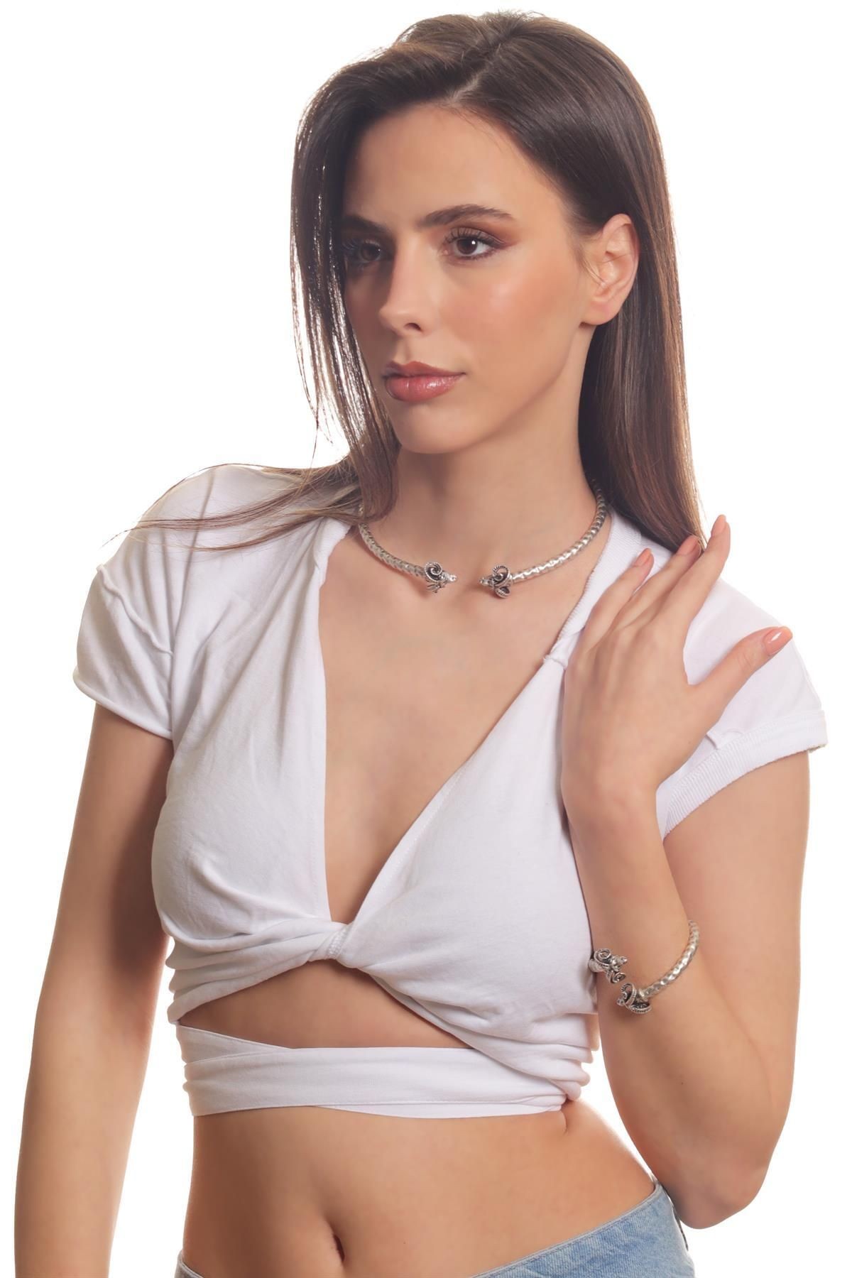 Kadın Antik Gümüş Kaplama Koçbaşı Uçlu Choker & Bileklik Set