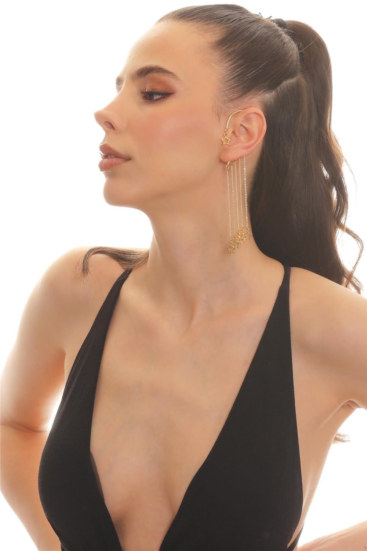 Kadın Altın Renk Lak Kaplama Sallantılı Yıldız Charm Earcuff&Kıkırdak Küpe