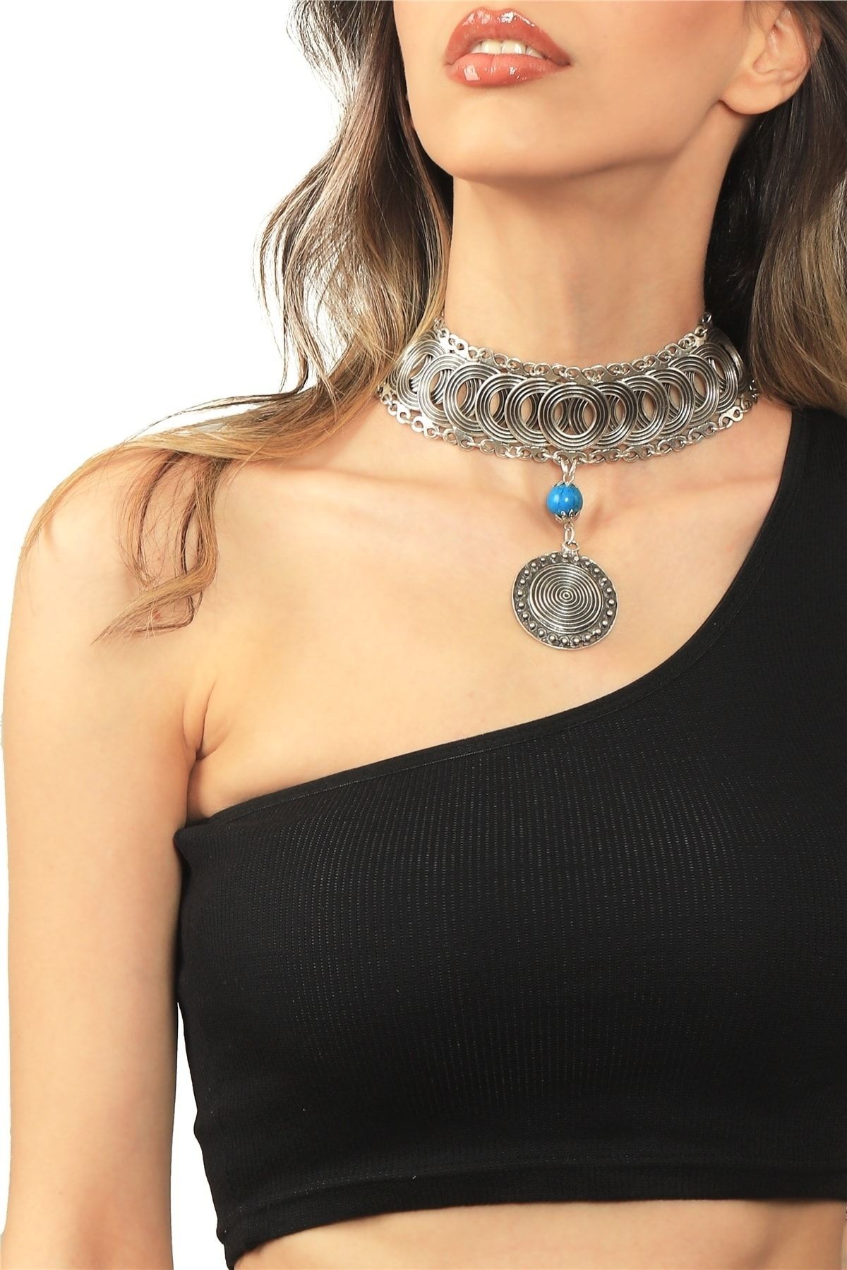 Kadın Antik Gümüş Kaplama Turkuaz Doğal Taş Detaylı Illüzyon Model Choker