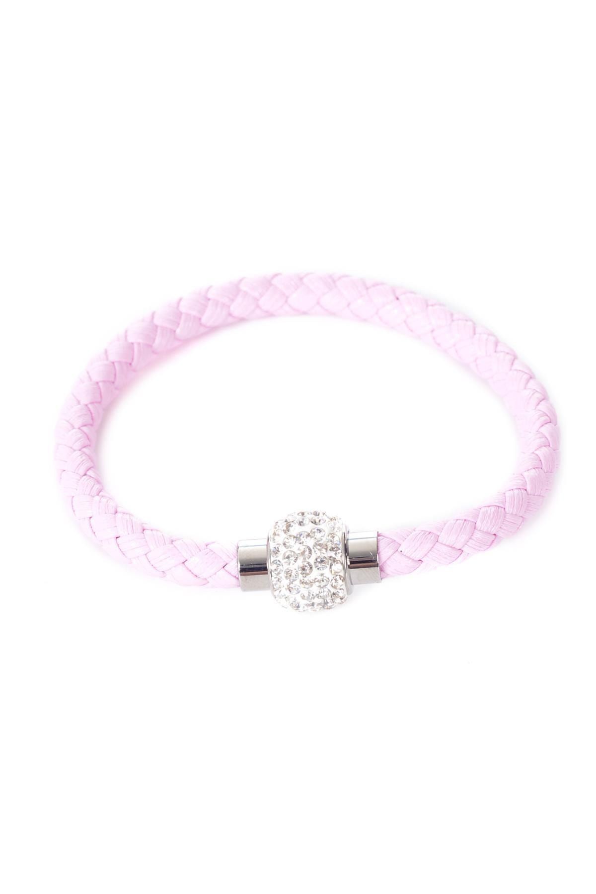 KADIN SWAROVSKİ TAŞLI ÇELİK KAPAMA ÖRGÜ DOKULU UÇUK PEMBE RENK BİLEKLİK