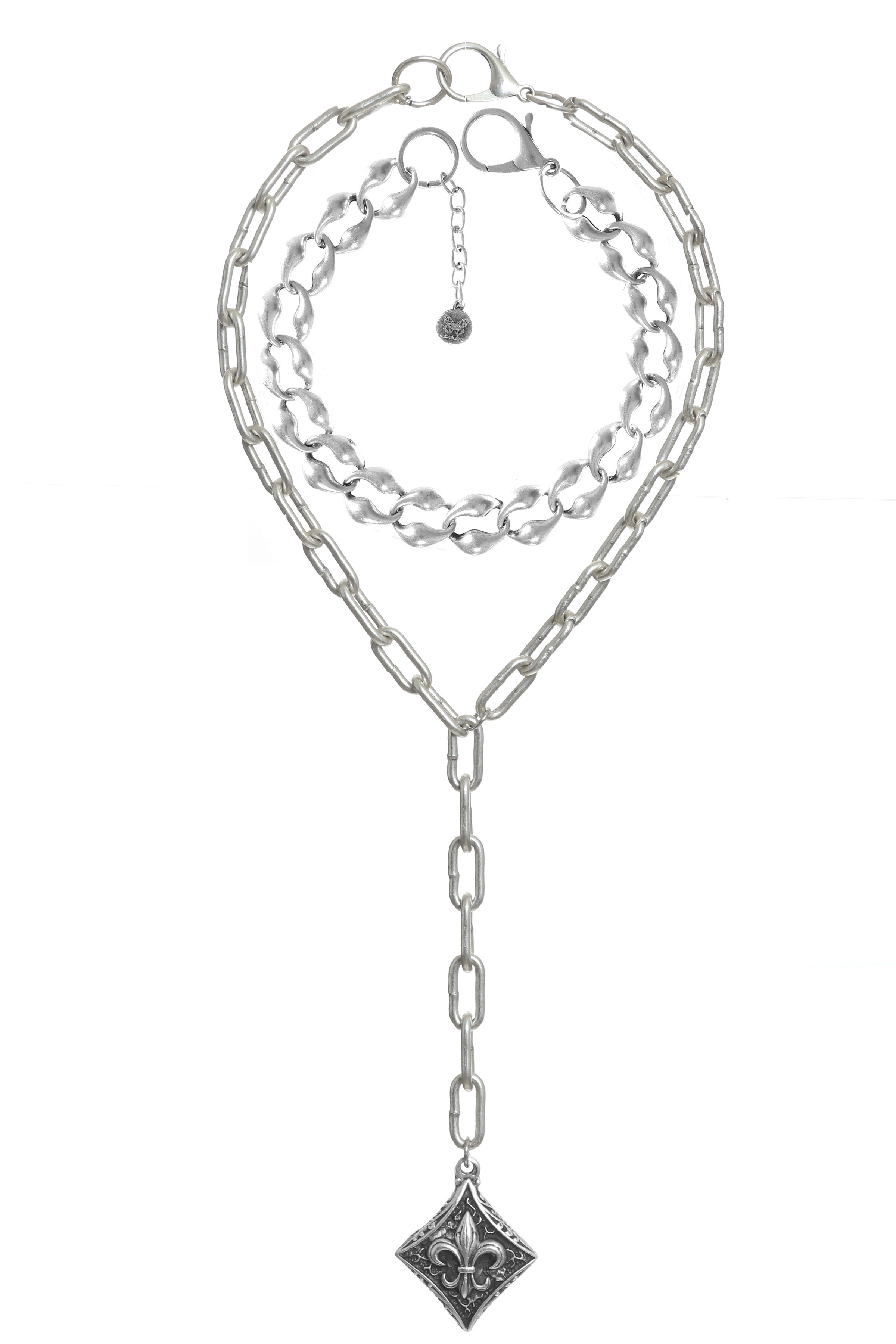 Labalaba Kadın Antik Gümüş Kaplama 2' li Fleur de Lys Uçlu Kolye& Choker