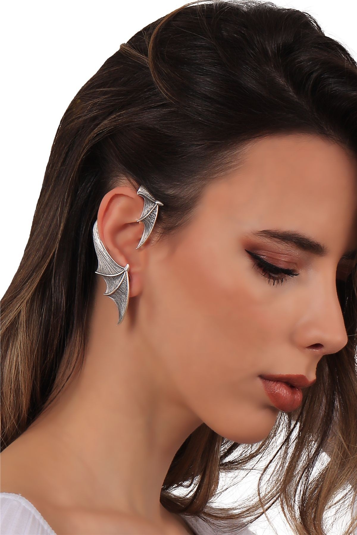 Kadın Antik Gümüş Kaplama Çivili Model Ear Cuff Sağ Kulak Yarasa Küpe