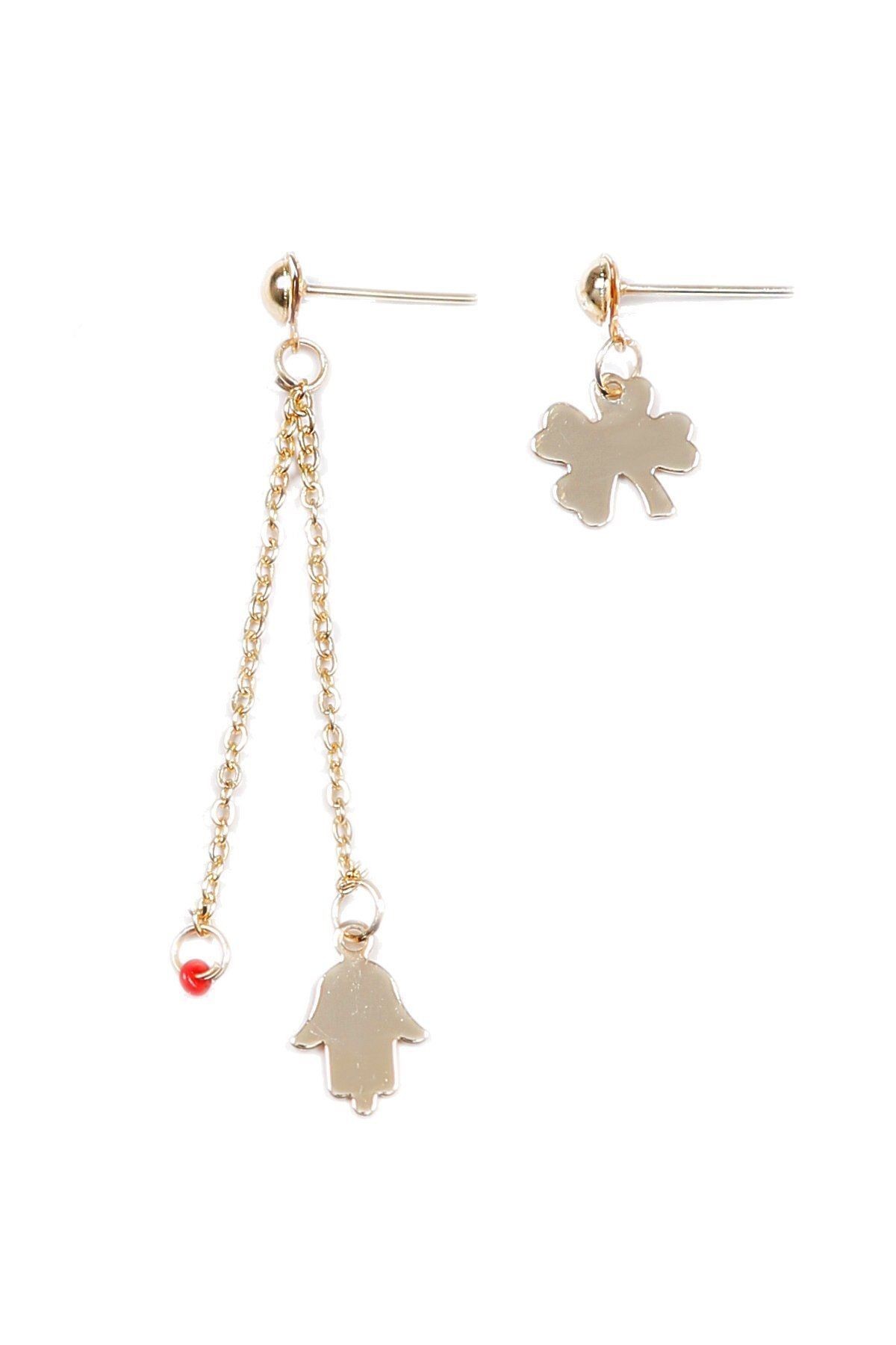 Kadın Kırmızı Kum Boncuk& Charm Detaylı Çoklu Küpe
