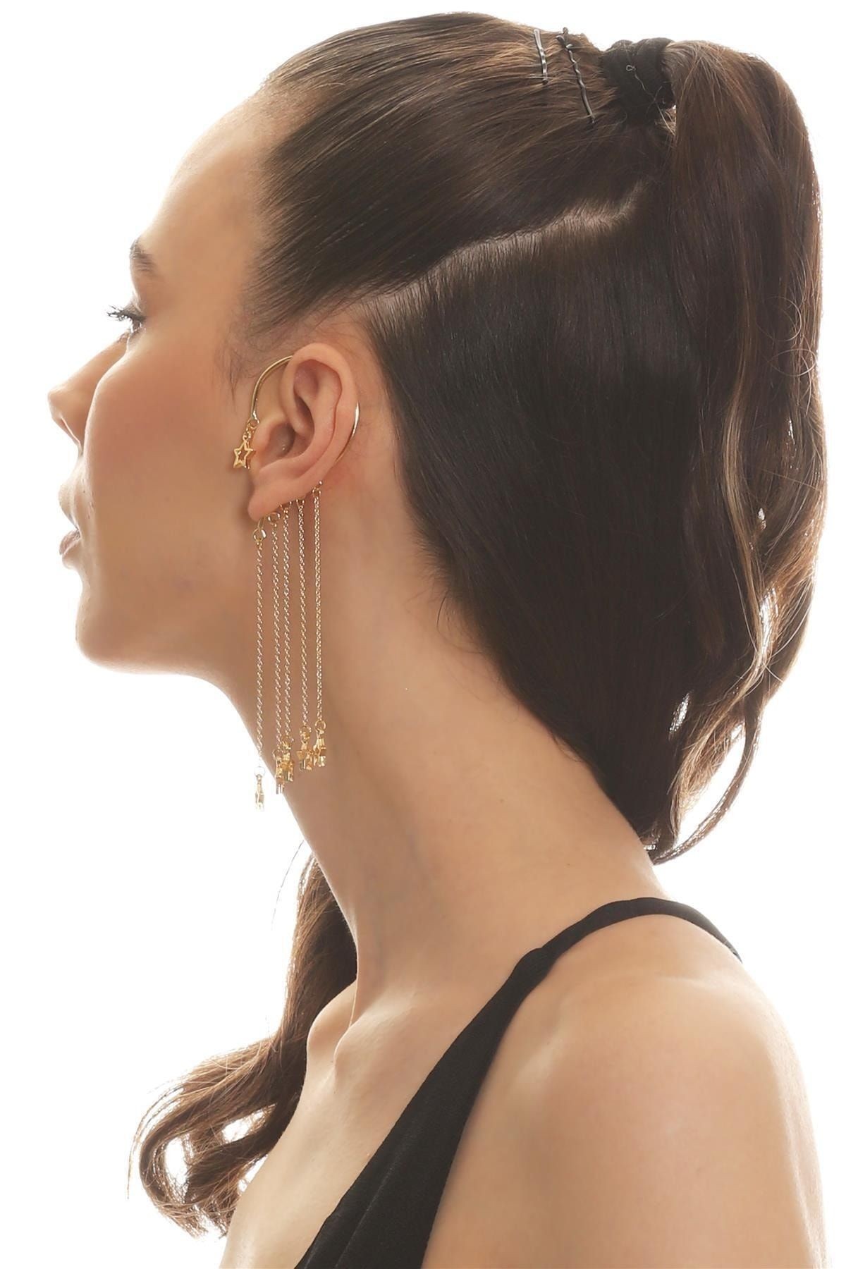 Kadın Altın Renk Lak Kaplama Sallantılı Yıldız Charm Earcuff&Kıkırdak Küpe