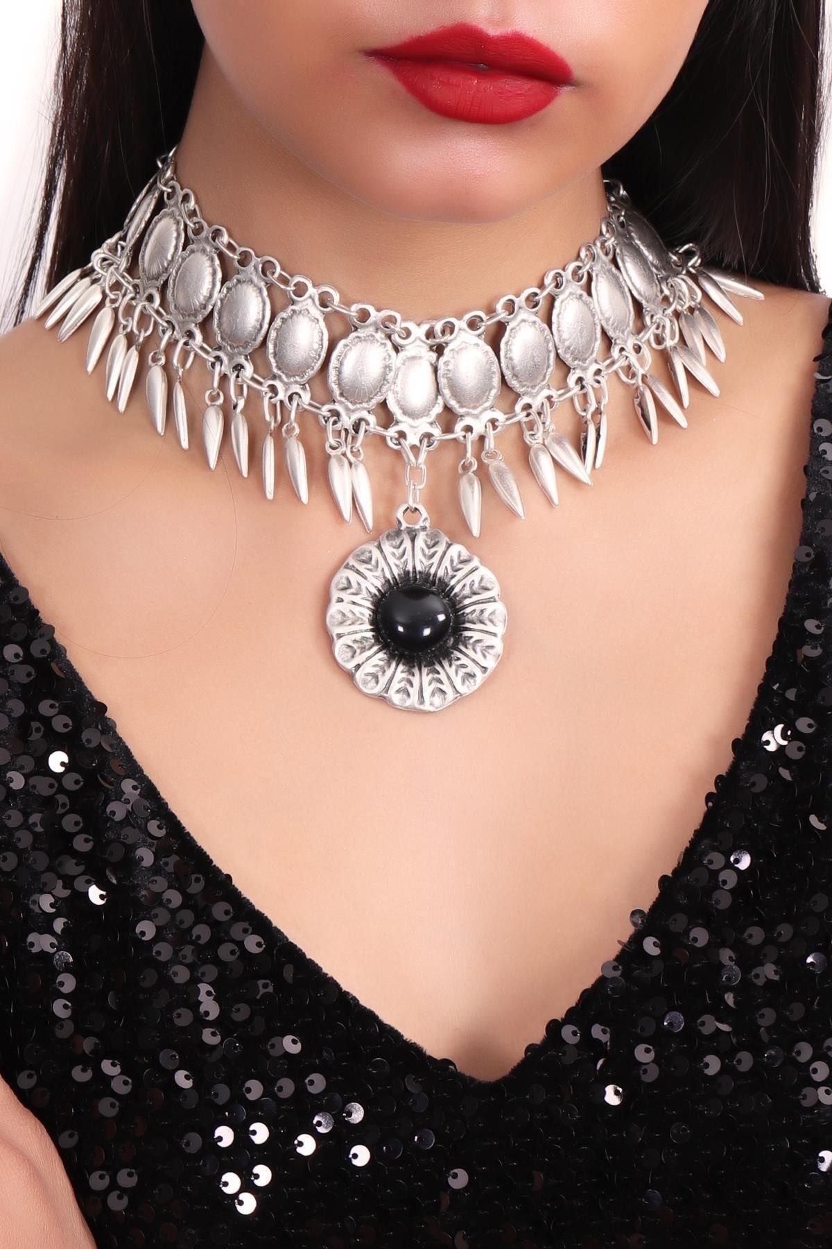 Kadın Antik Gümüş Kaplama Choker