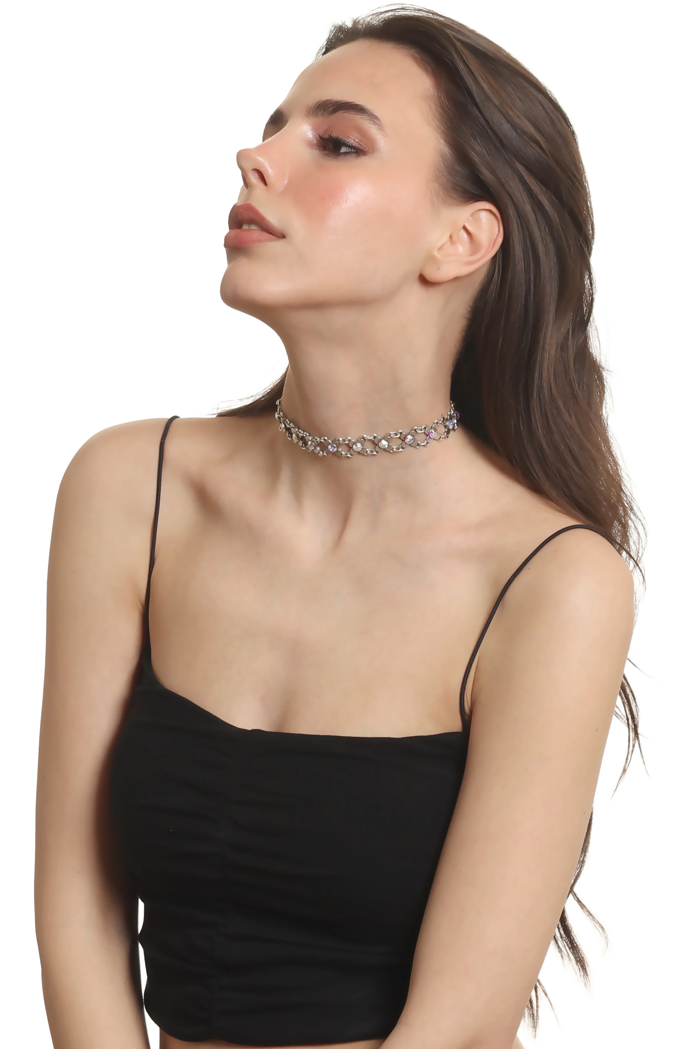 Labalaba Kadın Antik Gümüş Kaplama Gökkuşağı Renk Taşlı Choker Tasma Kolye