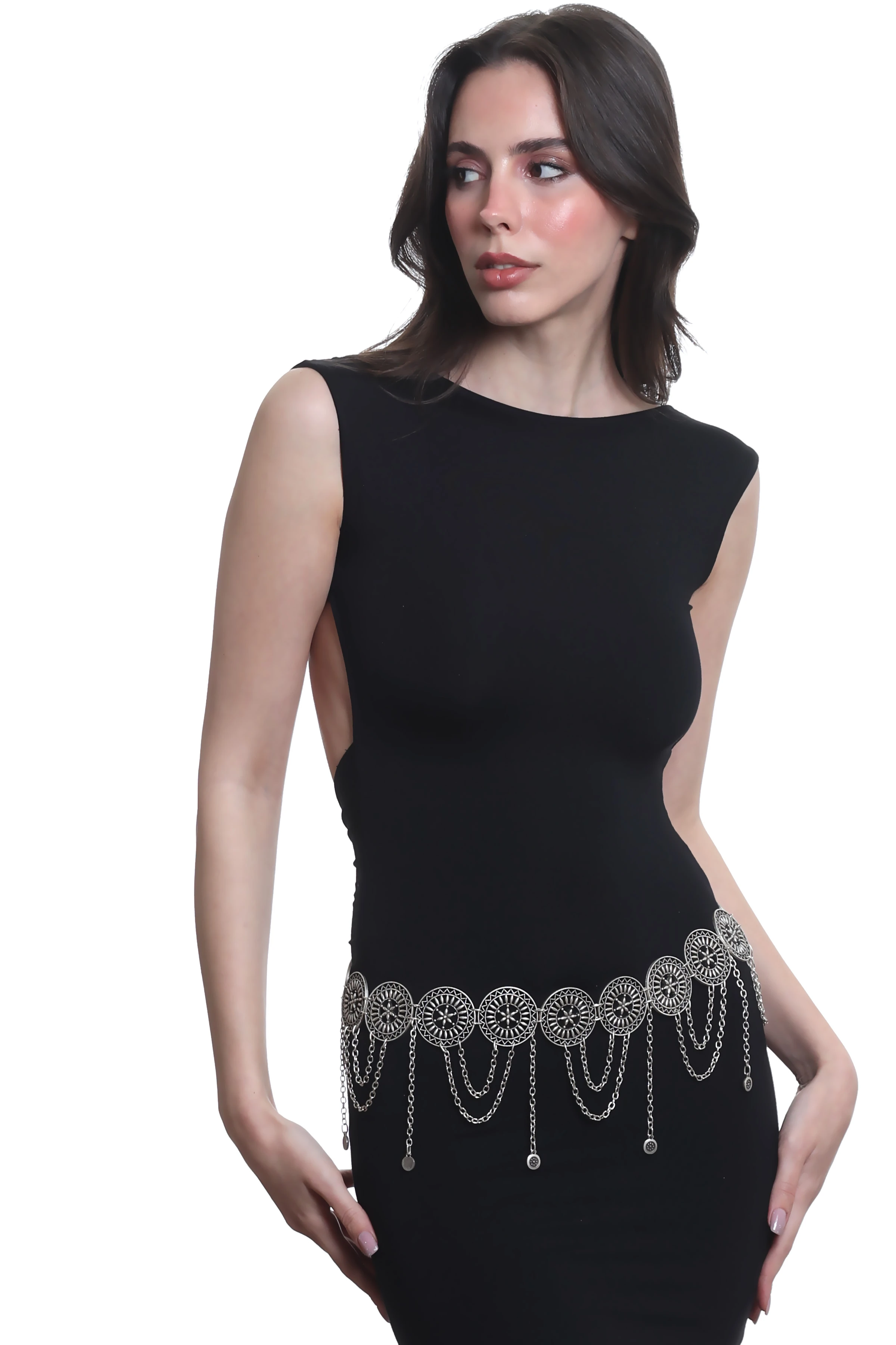 Labalaba Kadın Antik Gümüş Kaplama Telkari Çiçek Motifli Yuvarlak Parçalı Bel Kemeri, Bel Kolyesi