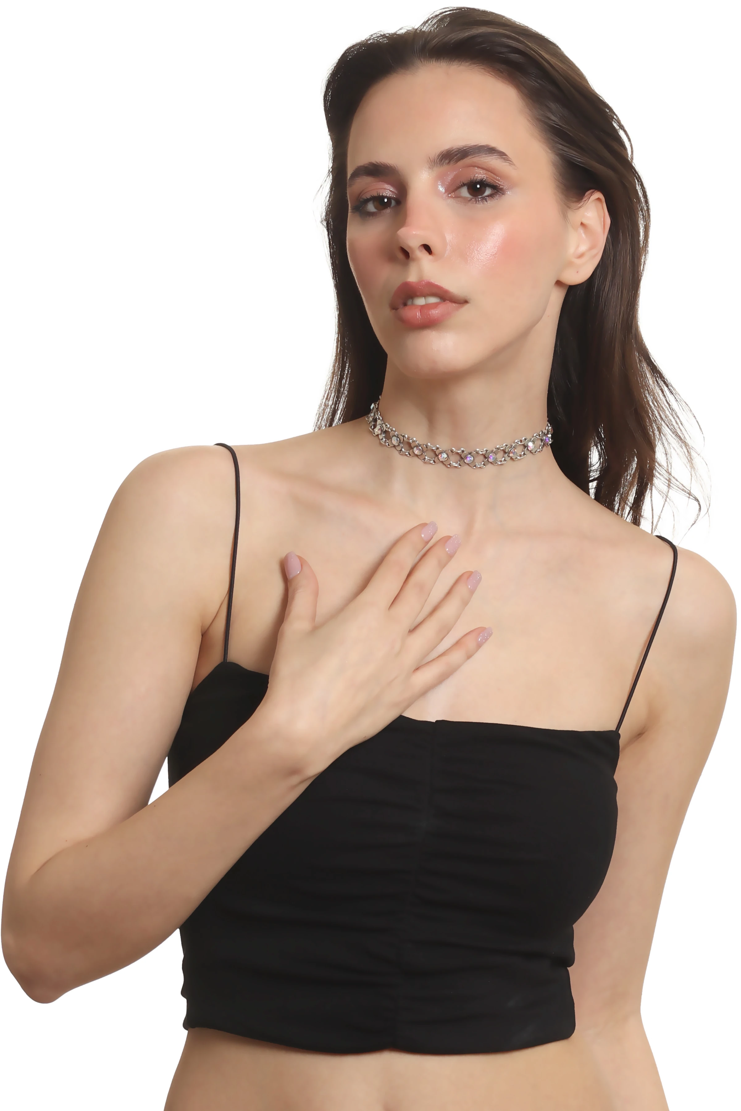 Labalaba Kadın Antik Gümüş Kaplama Gökkuşağı Renk Taşlı Choker Tasma Kolye