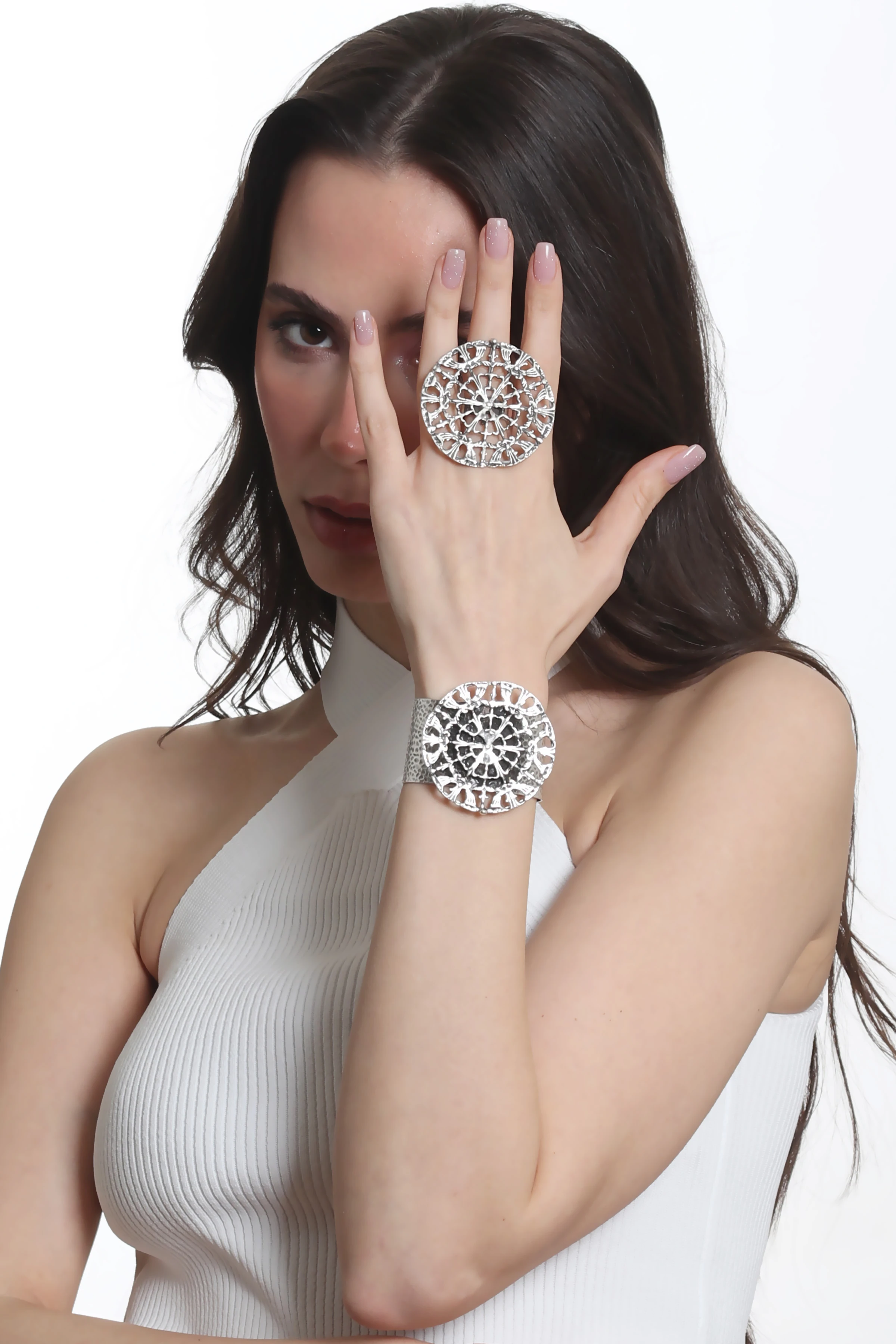 Labalaba Kadın Antik Gümüş Kaplama Ayarlanabilir Geniş Band Örümcek Ağı Figürlü Bileklik & Yüzük Set